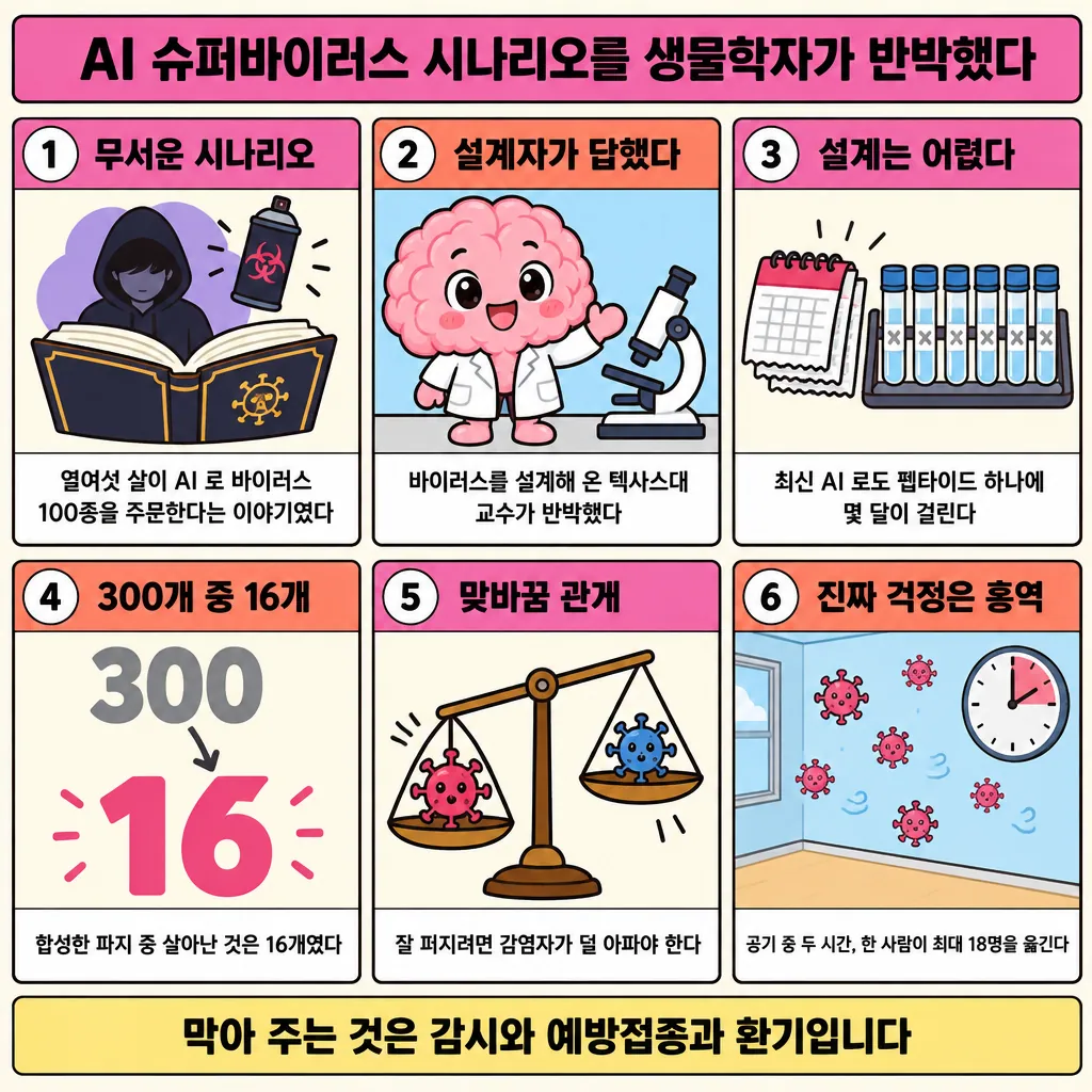 여섯 컷으로 정리한 요약 만화. 제목은 AI 슈퍼바이러스 시나리오를 생물학자가 반박했다. 1) 무서운 시나리오 — 펼쳐진 검은 책 위로 후드를 눌러쓴 실루엣과 스프레이 캔이 떠 있습니다. 열여섯 살이 AI 로 바이러스 100종을 주문한다는 이야기였다. 2) 설계자가 답했다 — 흰 가운을 입은 분홍 뇌 캐릭터가 현미경 옆에 서 있습니다. 바이러스를 설계해 온 텍사스대 교수가 반박했다. 3) 설계는 어렵다 — 뜯어진 달력과 가위표가 붙은 시험관 여러 개가 놓여 있습니다. 최신 AI 로도 펩타이드 하나에 몇 달이 걸린다. 4) 300개 중 16개 — 회색 숫자 300 에서 화살표가 내려와 큰 분홍 숫자 16 으로 이어집니다. 합성한 파지 중 살아난 것은 16개였다. 5) 맞바꿈 관계 — 양쪽 접시에 바이러스 입자가 하나씩 놓인 저울이 한쪽으로 기울어져 있습니다. 잘 퍼지려면 감염자가 덜 아파야 한다. 6) 진짜 걱정은 홍역 — 빈 방 공기 중에 바이러스 입자가 떠 있고 벽에 두 시간을 가리키는 시계가 걸려 있습니다. 공기 중 두 시간, 한 사람이 최대 18명을 옮긴다. 하단 띠에 막아 주는 것은 감시와 예방접종과 환기입니다 라고 적혀 있습니다.