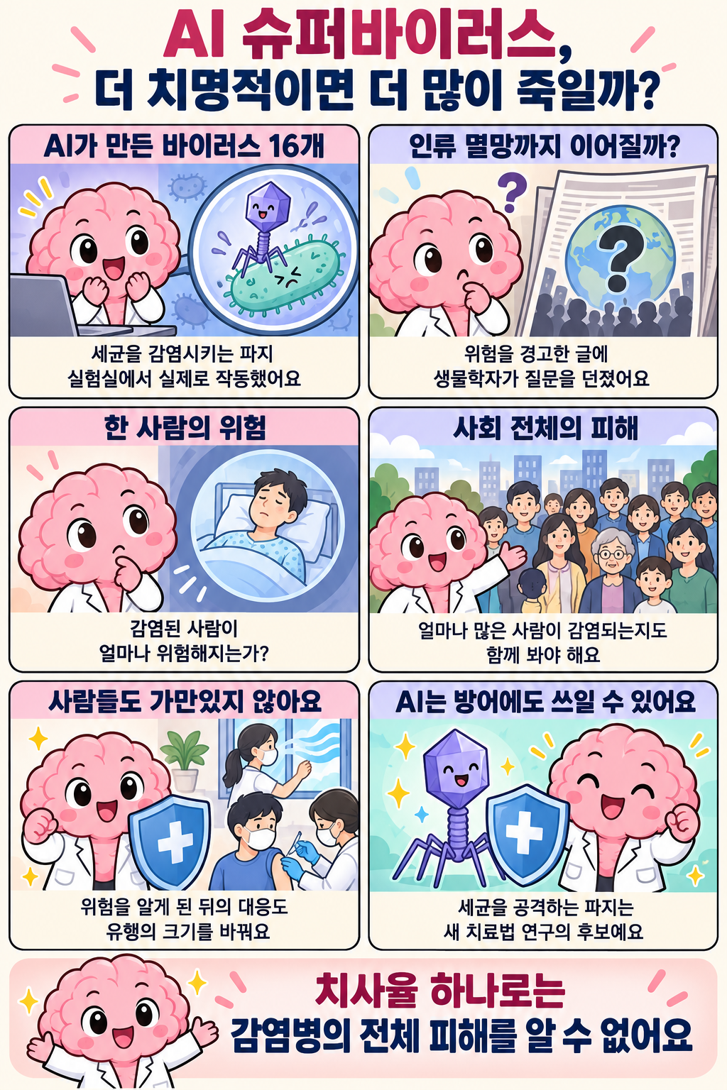 AI가 만든 파지 16개에서 시작해, 감염된 한 사람의 위험과 사회 전체의 피해가 왜 다른 질문인지 설명하는 여섯 칸 만화. 예방접종과 환기 등 사람들의 대응, 파지의 치료 연구 가능성도 소개합니다.