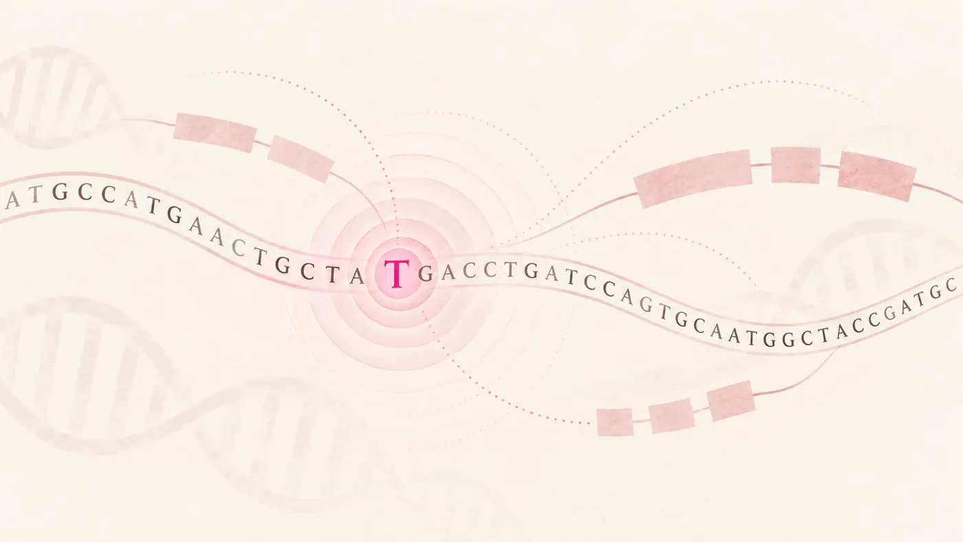 DNA 염기 서열 가운데 한 글자가 강조되고 그 주위로 파문이 퍼지는 일러스트