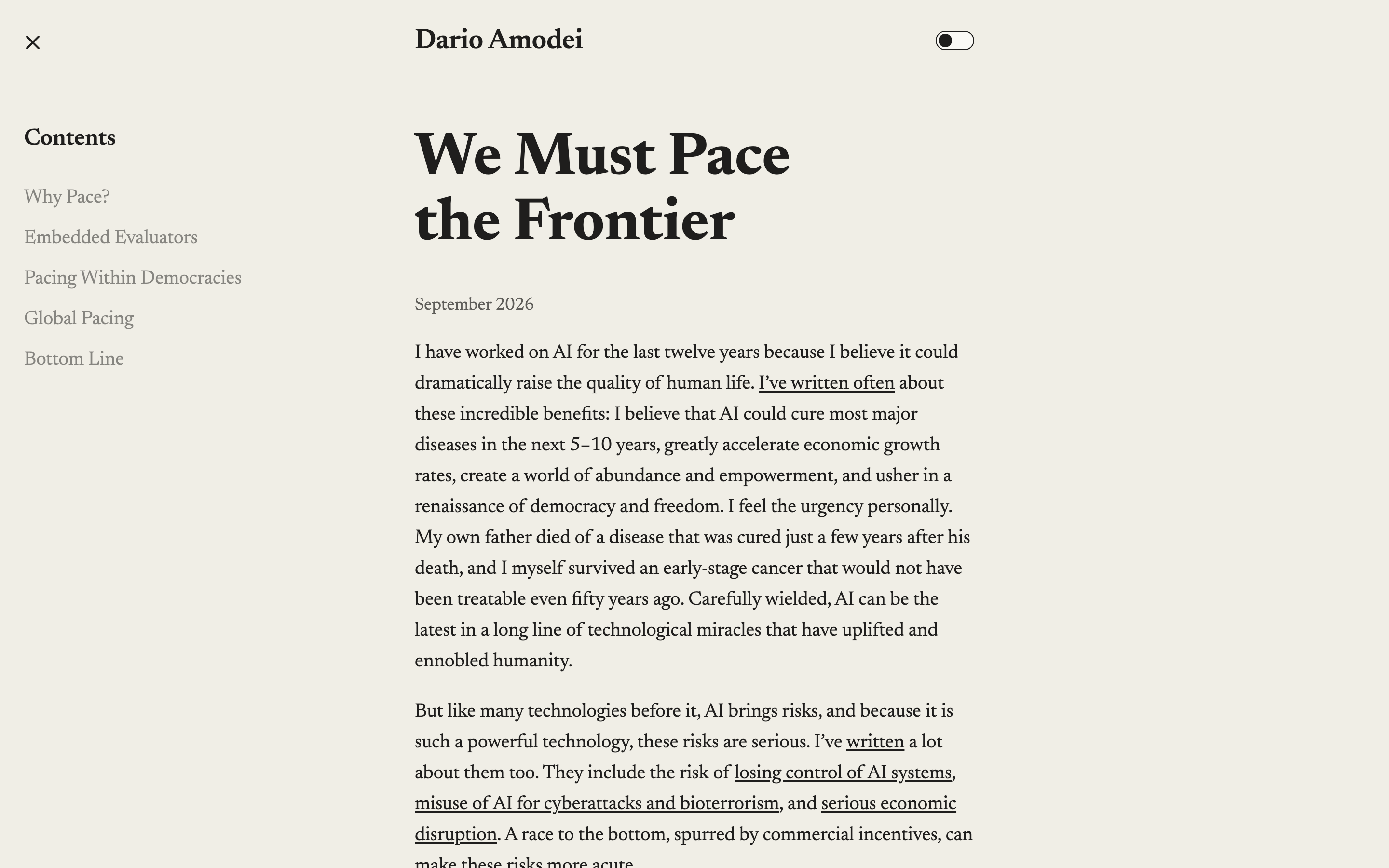 다리오 아모데이 공식 글의 제목 We Must Pace the Frontier와 2026년 9월 표기