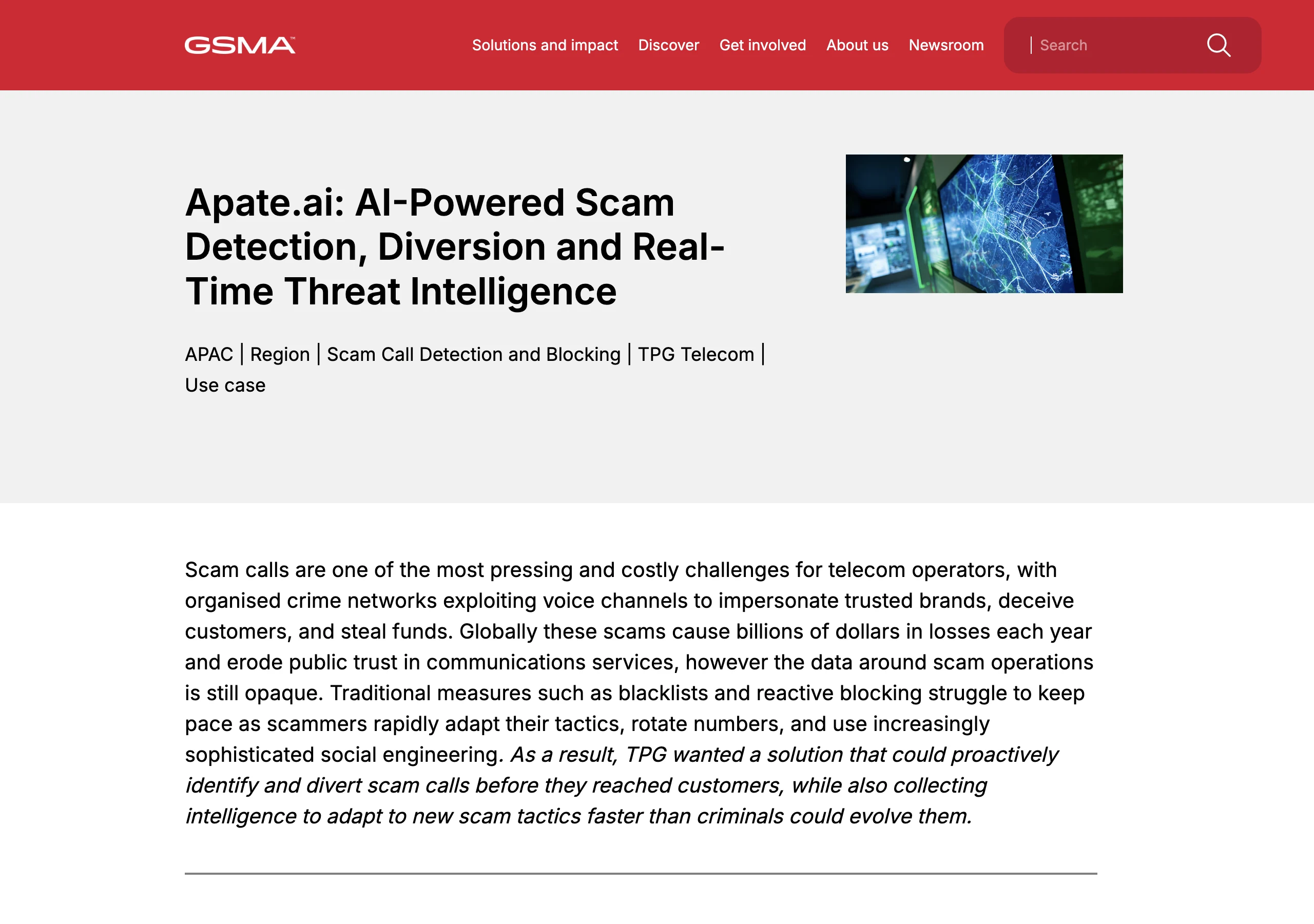 GSMA에 게재된 Apate와 TPG Telecom의 AI 사기 방지 케이스 스터디 화면