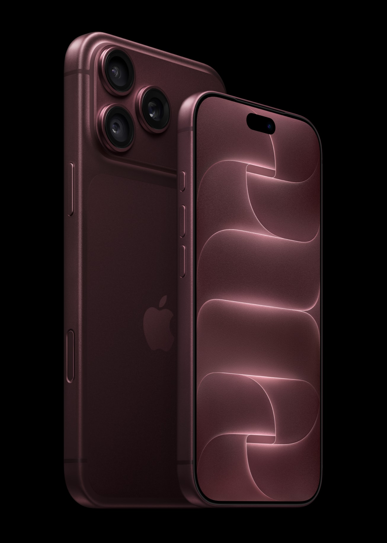 검은 배경에 후면 카메라 세 개가 보이는 버건디색 iPhone 18 Pro 뒷면과 화면이 켜진 다른 iPhone 앞면이 겹쳐 선 Apple 공식 제품 사진