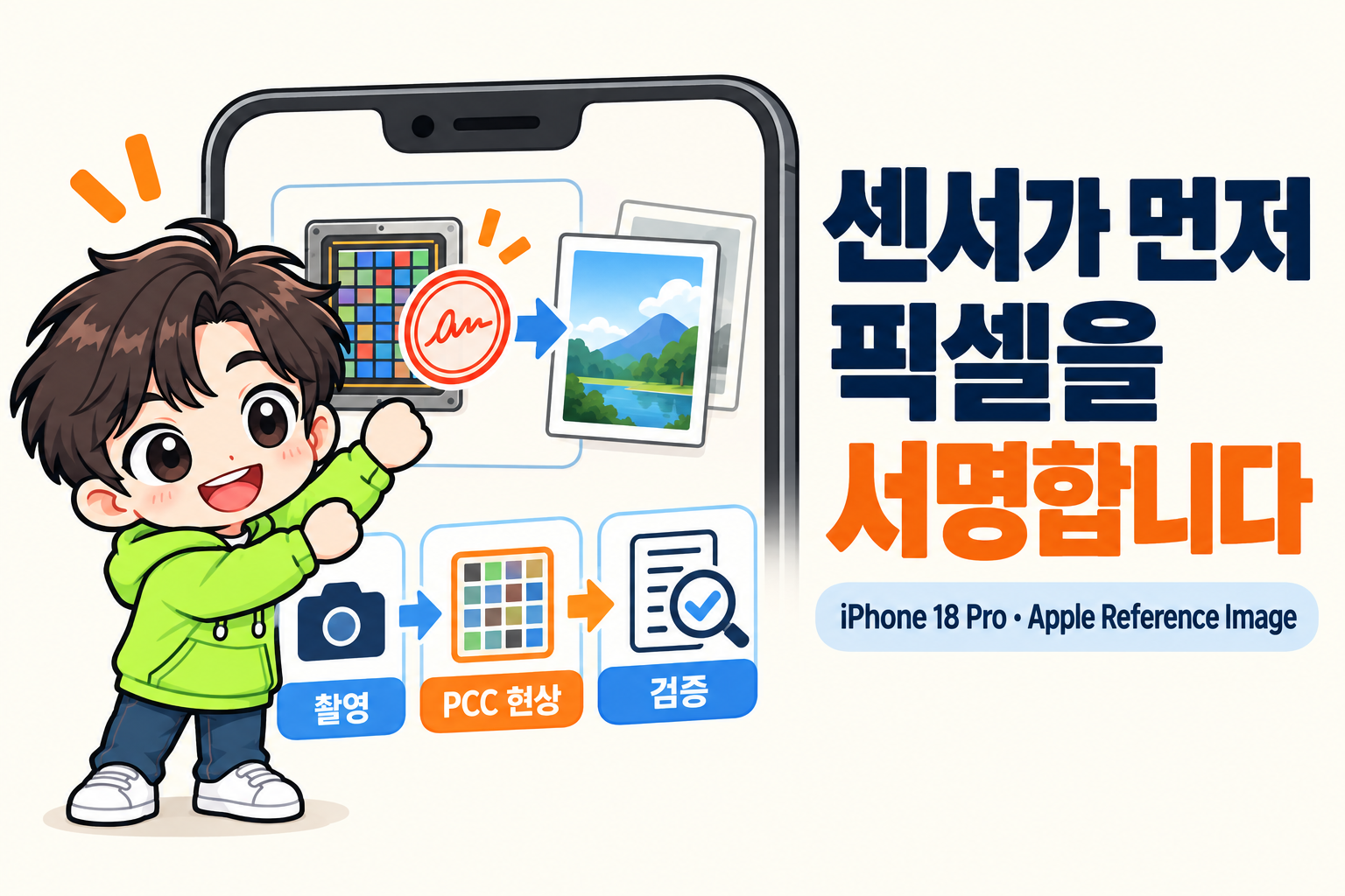 AI피셜 마스코트 AI가 센서에서 시작한 픽셀 서명, PCC 현상, 검증 방패를 순서대로 가리키는 가로형 썸네일