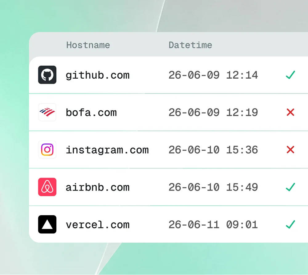 Hostname과 Datetime 열이 있는 표에 github.com, bofa.com, instagram.com, airbnb.com, vercel.com 다섯 사이트의 접근 시각과 허용 표시 또는 거부 표시가 나열된 Aside 제품 화면