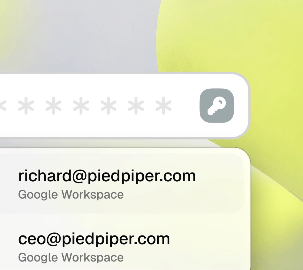 별표로 가려진 비밀번호 입력칸 아래에 Google Workspace 계정 두 개가 자동 완성 후보로 표시된 Aside Vault 제품 화면