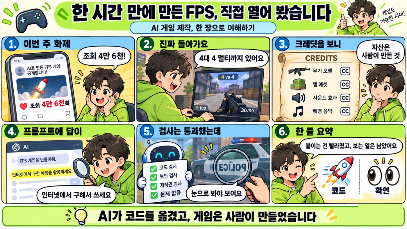 여섯 칸 교육 만화. 이번 주 화제가 된 게시글, 직접 접속해 본 게임 화면, 사람이 만든 자산이 적힌 크레딧, 인터넷에서 구해 쓰라는 프롬프트, 검사는 통과했지만 글자가 뒤집힌 경찰차, 그리고 코드는 빨라졌고 확인은 남았다는 요약 순서로 이어진다