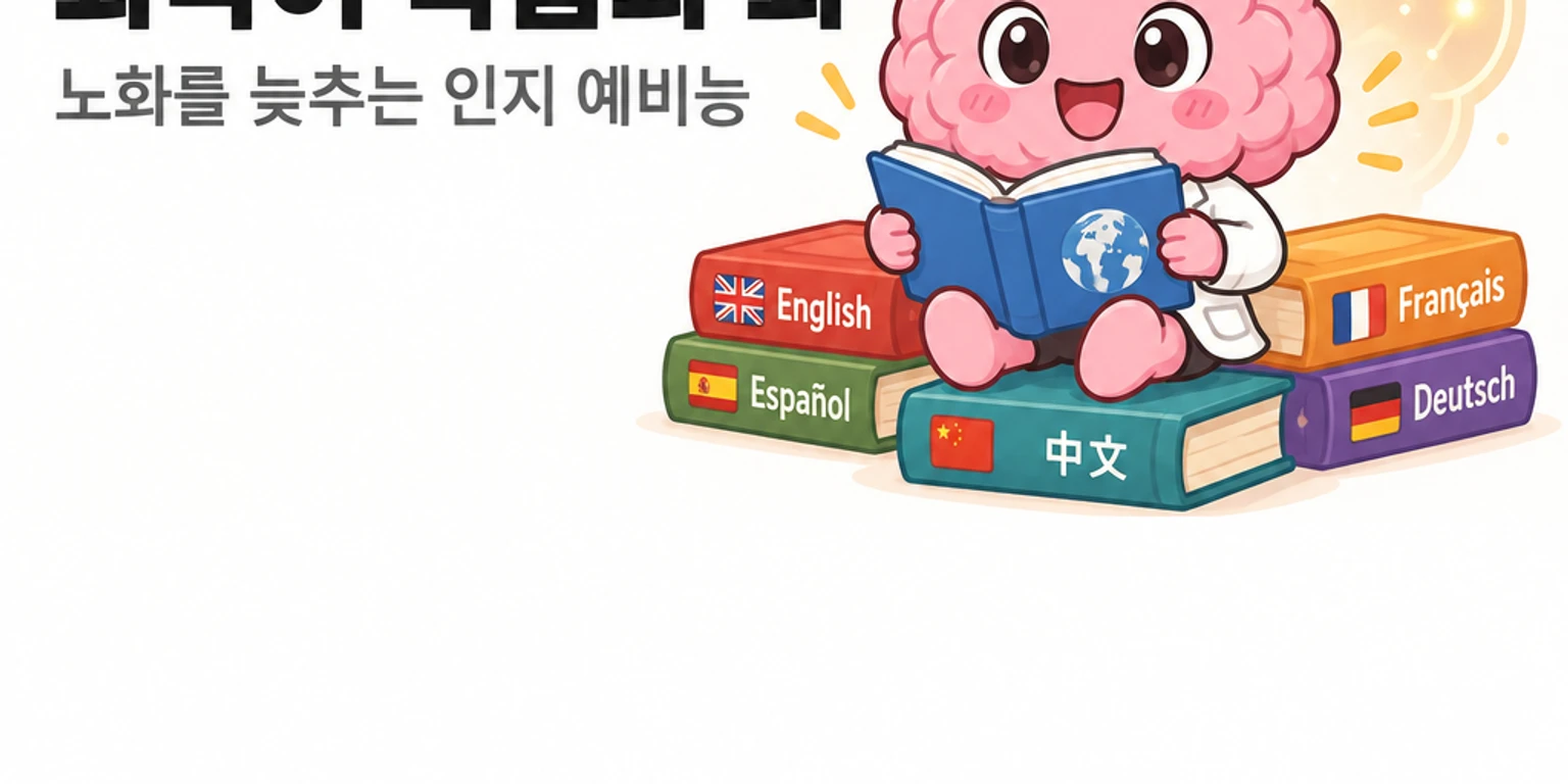 뇌피셜 브레인 마스코트가 세계 각국 문자가 적힌 책들과 신경세포 시냅스 가지가 뻗어나가는 뇌 모델을 바라봅니다.
