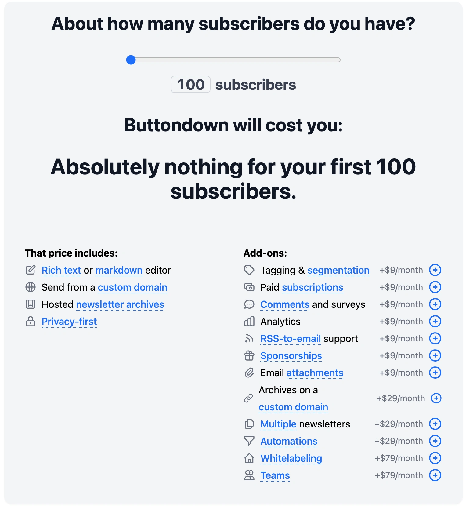 Buttondown 공식 가격 페이지입니다. 구독자 수 입력과 선택 기능별 추가 요금이 나뉘어 있습니다.