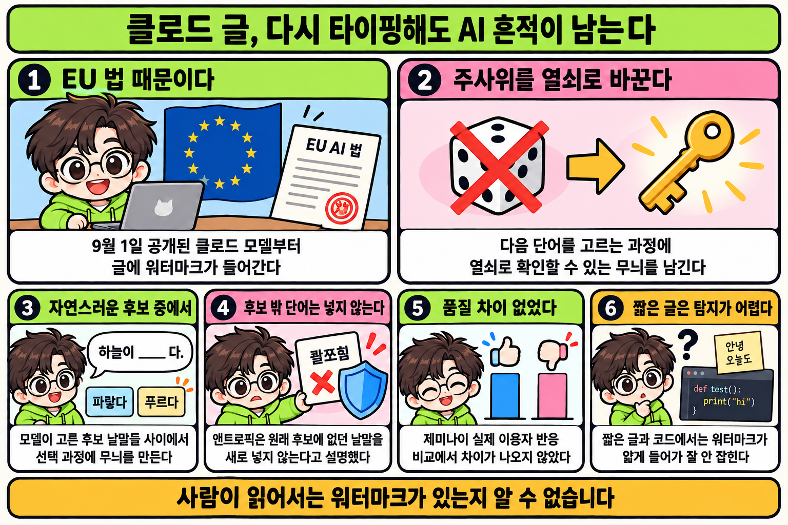 클로드가 단어를 고르는 과정에 워터마크를 남기는 원리, 적용 시점과 탐지를 설명하는 여섯 칸 만화.