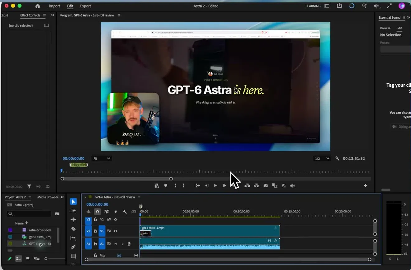 Premiere Pro 편집 화면. 타임라인에 영상과 오디오 클립이 올라가 있고 커서가 재생 막대 위에 있습니다