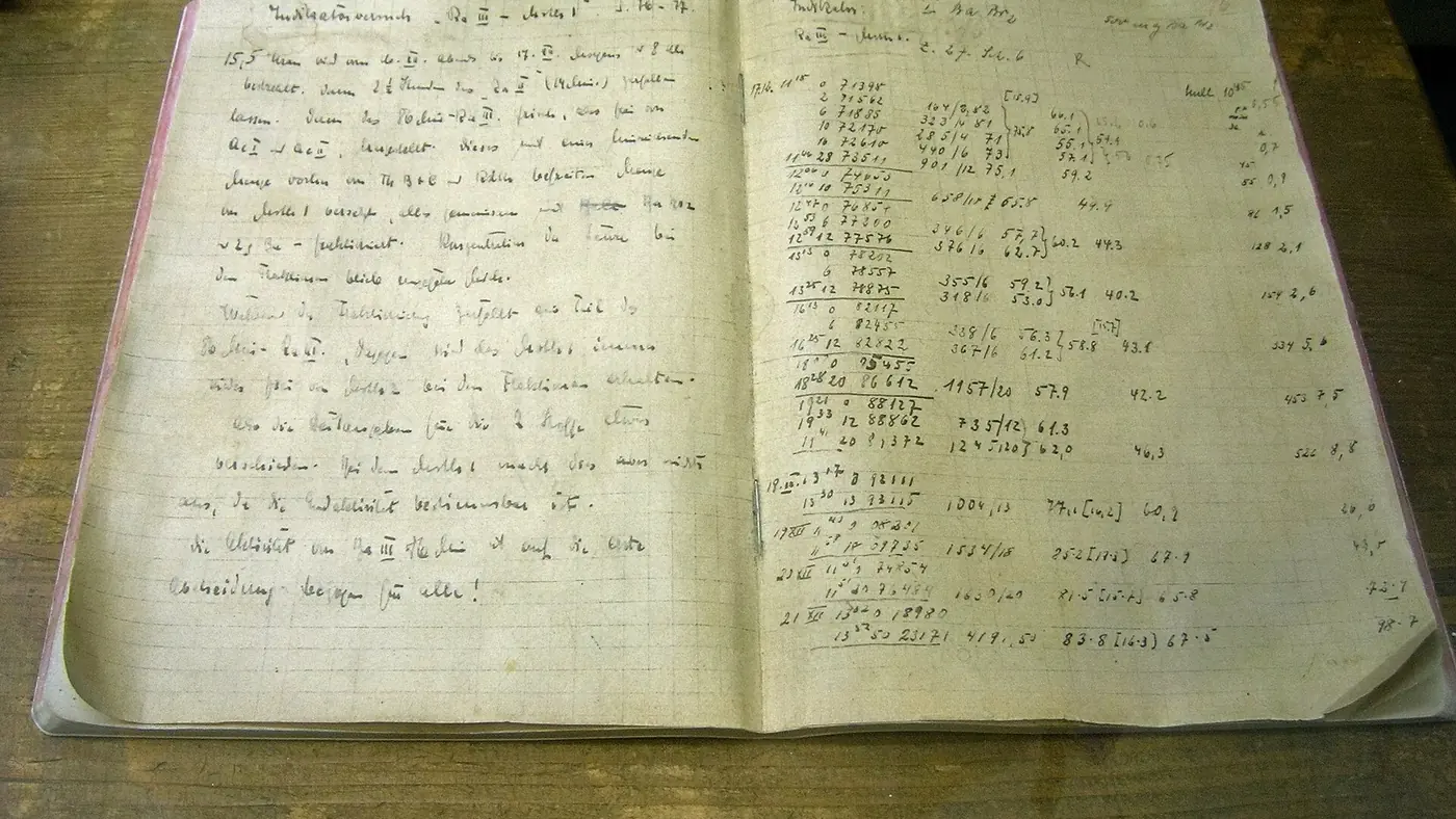 유리 진열장 안에 펼쳐진 오토 한의 1938년 실험 노트
