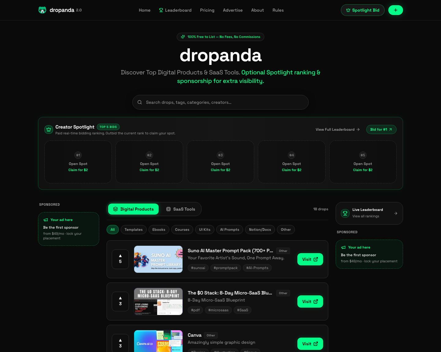 Dropanda 공식 홈페이지에 디지털 상품 검색창, 실시간 유료 노출 순위 다섯 자리, 디지털 상품 목록과 외부 판매 페이지로 가는 Visit 버튼이 보인다