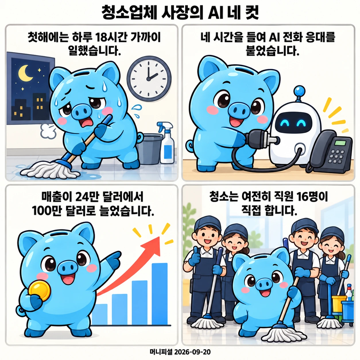 머니피셜 마스코트가 하루 18시간 노동, 네 시간의 AI 설정, 매출 100만 달러 도달, 현장 청소는 사람이 맡는 구조를 네 컷으로 설명합니다.