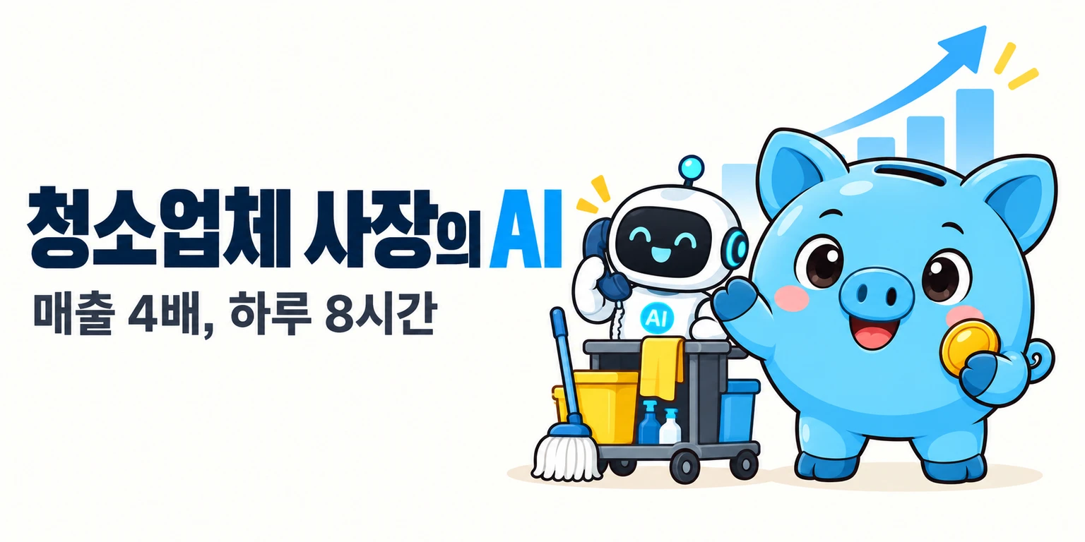 머니피셜 머니 마스코트가 청소 카트 옆에서 전화를 대신 받는 작은 로봇과 상승하는 매출 그래프를 바라봅니다.