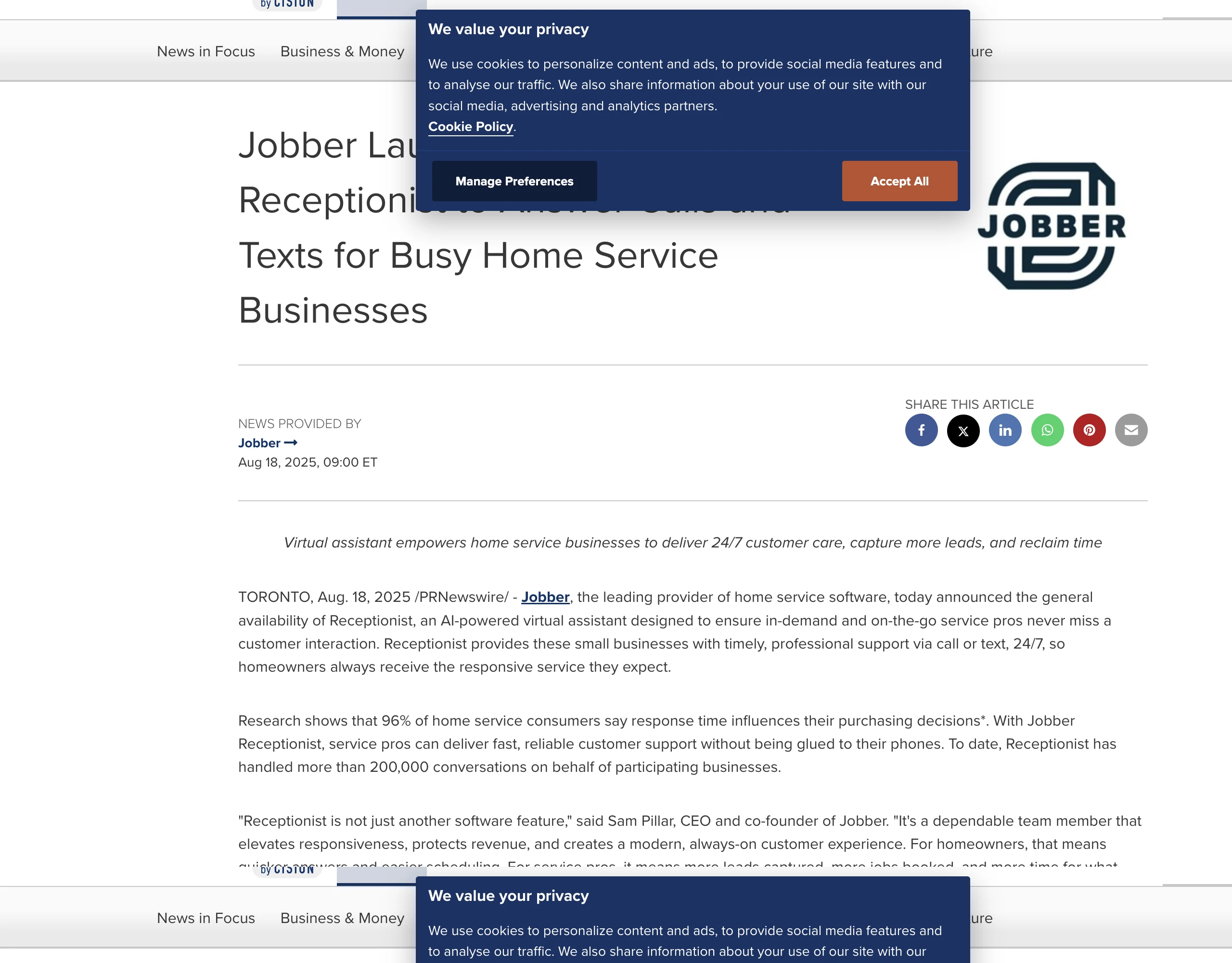 Jobber의 AI Receptionist 출시 발표문 화면입니다. 전화와 문자를 대신 받는 기능 소개가 표시되어 있습니다.