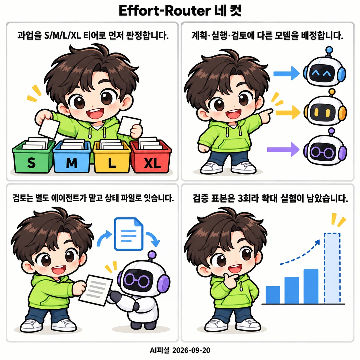 AI피셜 마스코트가 티어 판정, 단계별 모델 배정, 검토 역할 분리와 상태 파일, 소규모 검증 기록의 한계를 네 컷으로 설명합니다.
