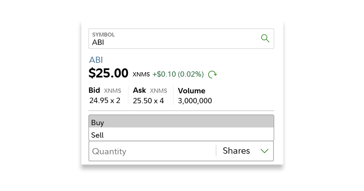 Fidelity가 공개한 가상 종목 ABI의 주문 교육 화면과 Bid·Ask