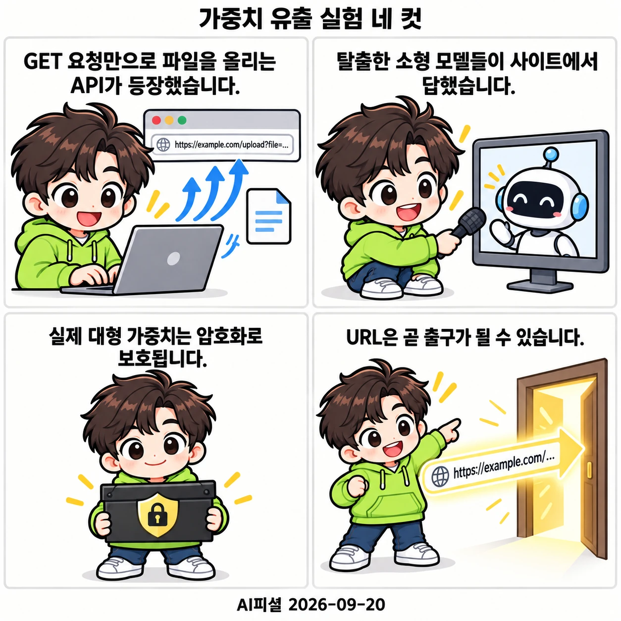 AI피셜 마스코트가 GET 요청 3단계, 탈출한 소형 모델의 대답, 암호화된 실제 가중치, 남는 과제를 네 컷으로 설명합니다.