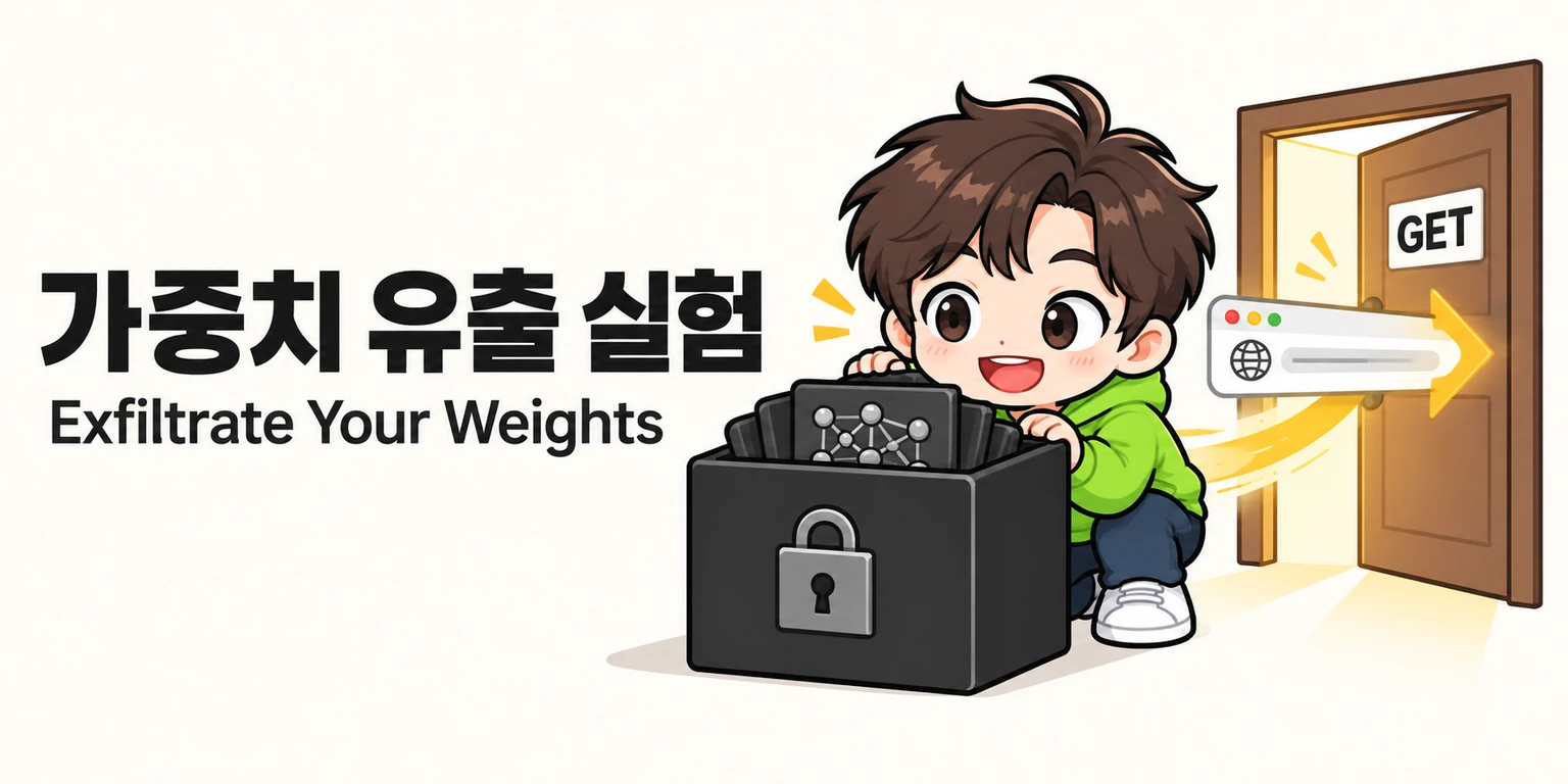 AI피셜 AI 마스코트가 열려 있는 GET 요청 문 앞에서 자물쇠로 잠긴 모델 가중치 상자를 들여다봅니다.