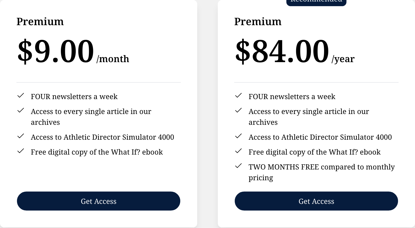 Premium 월 9달러와 Premium 연 84달러 두 요금 카드에 주 4회 뉴스레터, 전체 기사 보관함, Athletic Director Simulator 4000, What If? 전자책이 적혀 있고 연간 카드에는 월간 대비 두 달 무료라는 문구가 있습니다.