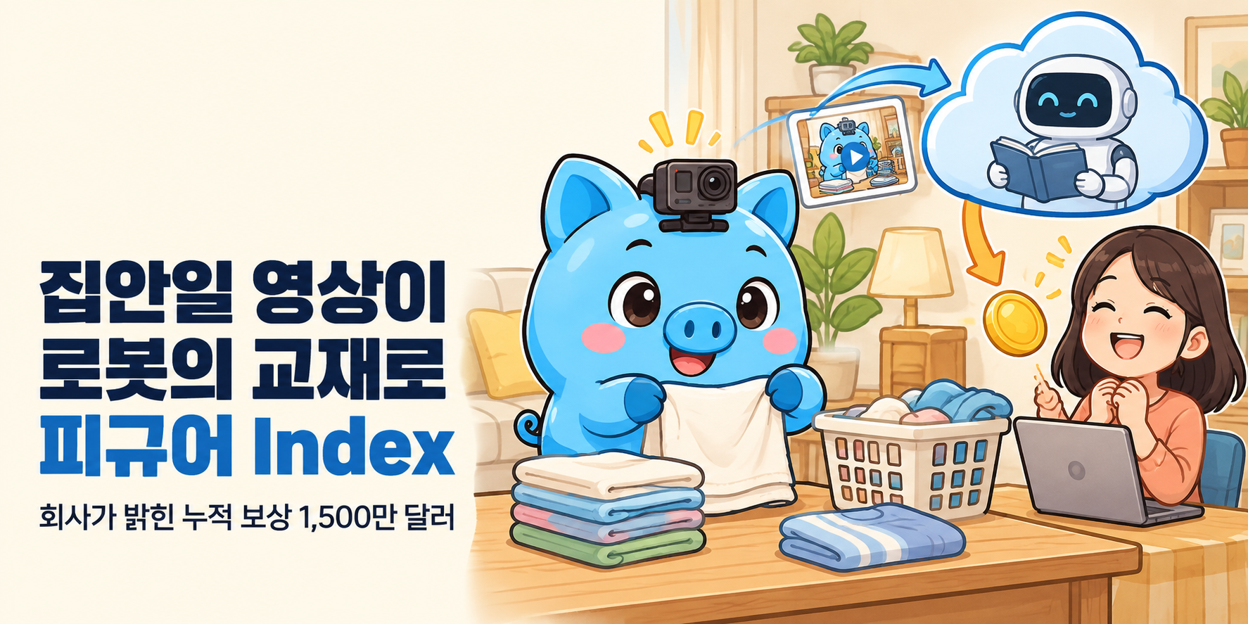 머니피셜 Money 마스코트가 등장하는 커버입니다. ‘집안일 영상이 로봇의 교재로 피규어 Index’ 제목과 ‘회사가 밝힌 누적 보상 1,500만 달러’ 부제가 있습니다.
