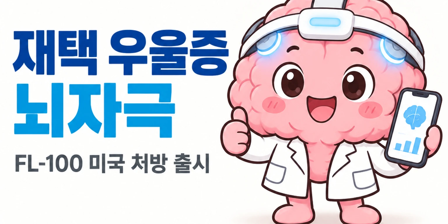 뇌피셜 브레인 마스코트가 FL-100 헤드셋과 스마트폰 앱 화면에서 전두엽 전기 자극 모델을 확인하고 있습니다.