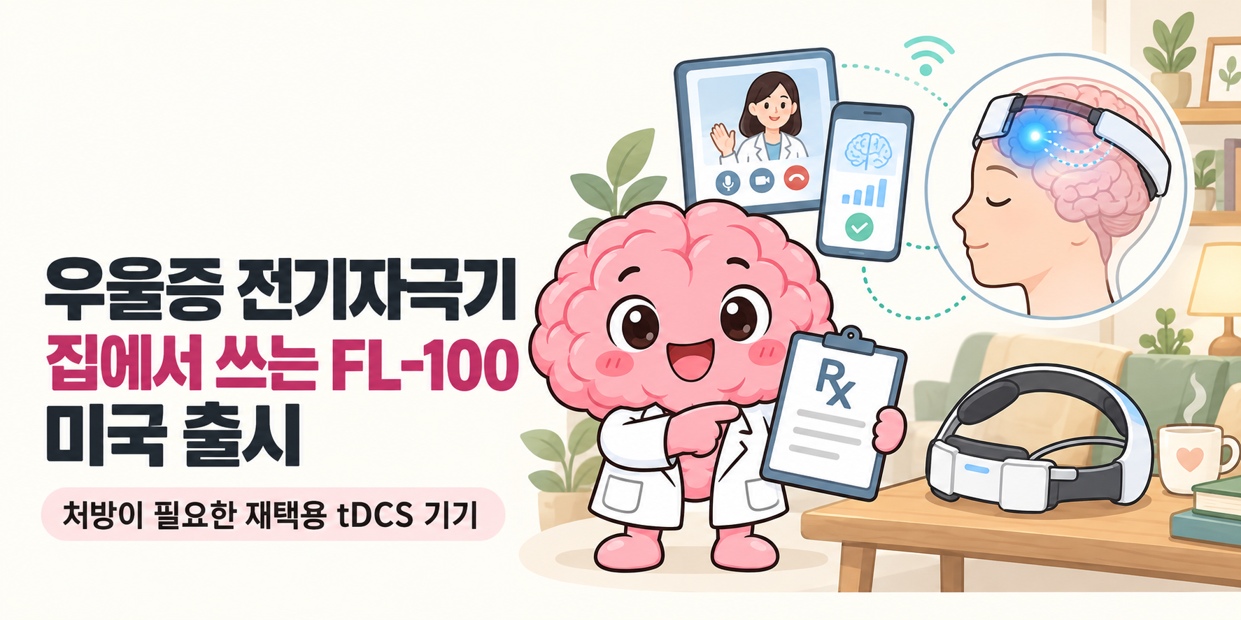 뇌피셜 Brain 박사가 등장하는 커버입니다. ‘우울증 전기자극기 집에서 쓰는 FL-100 미국 출시’ 제목과 ‘처방이 필요한 재택용 tDCS 기기’ 부제가 있습니다.