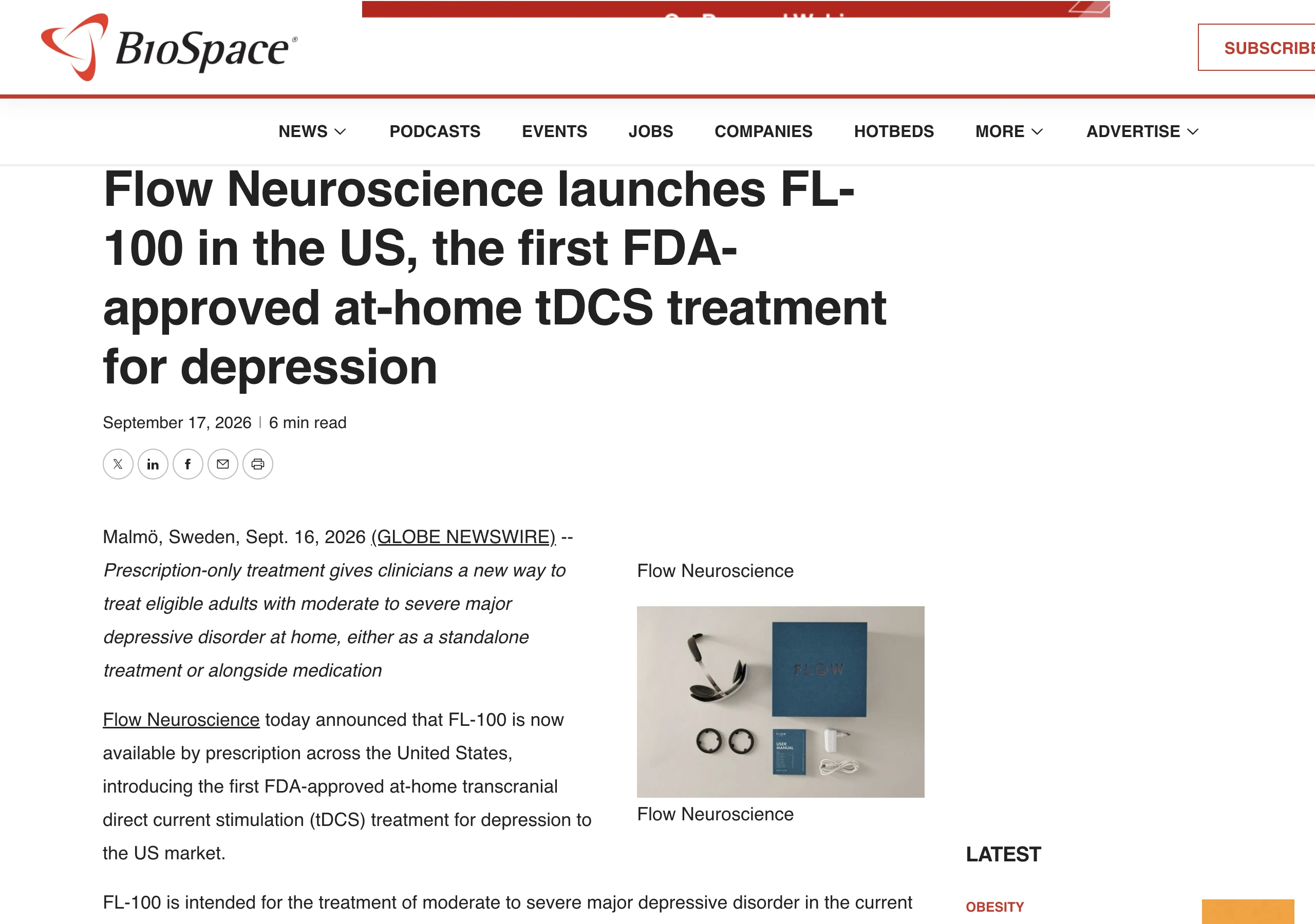 Flow Neuroscience FL-100 제품 헤드셋 및 전용 앱 임상 데이터 안내 화면
