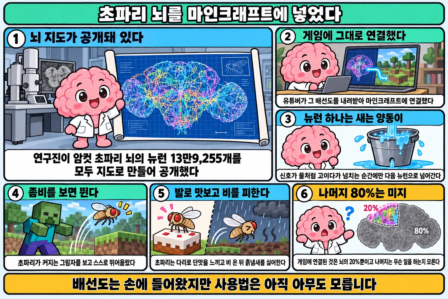 여섯 컷으로 정리한 요약 만화. 제목은 초파리 뇌를 마인크래프트에 넣었다. 왼쪽 위 큰 칸 하나와 작은 칸 다섯 개로 짜여 있습니다. 1) 뇌 지도가 공개돼 있다 — 흰 가운을 입은 분홍 뇌 캐릭터가 전자현미경 옆에서 뉴런이 얽힌 커다란 배선도를 펼쳐 보입니다. 연구진이 암컷 초파리 뇌의 뉴런 13만9,255개를 모두 지도로 만들어 공개했다. 2) 게임에 그대로 연결했다 — 노트북 화면 왼쪽에 뇌 그림, 오른쪽에 블록 게임 화면이 케이블로 이어져 있습니다. 유튜버가 그 배선도를 내려받아 마인크래프트에 연결했다. 3) 뉴런 하나는 새는 양동이 — 물이 차오르는 양동이 바닥에서 물줄기가 새어 나옵니다. 신호가 물처럼 고이다가 넘치는 순간에만 다음 뉴런으로 넘어간다. 4) 좀비를 보면 뛴다 — 블록 세계에서 초록 좀비가 다가오자 초파리가 뛰어오릅니다. 초파리가 커지는 그림자를 보고 스스로 뛰어올랐다. 5) 발로 맛보고 비를 피한다 — 왼쪽에서 초파리가 케이크 위에 서 있고 오른쪽 빗속에서는 몸을 돌립니다. 초파리는 다리로 단맛을 느끼고 비 온 뒤 흙냄새를 싫어한다. 6) 나머지 80%는 미지 — 뇌 그림에서 20% 조각만 색이 밝고 나머지 80%는 회색입니다. 게임에 연결된 것은 뇌의 20%뿐이고 나머지는 무슨 일을 하는지 모른다. 하단 띠에 배선도는 손에 들어왔지만 사용법은 아직 아무도 모릅니다 라고 적혀 있습니다.