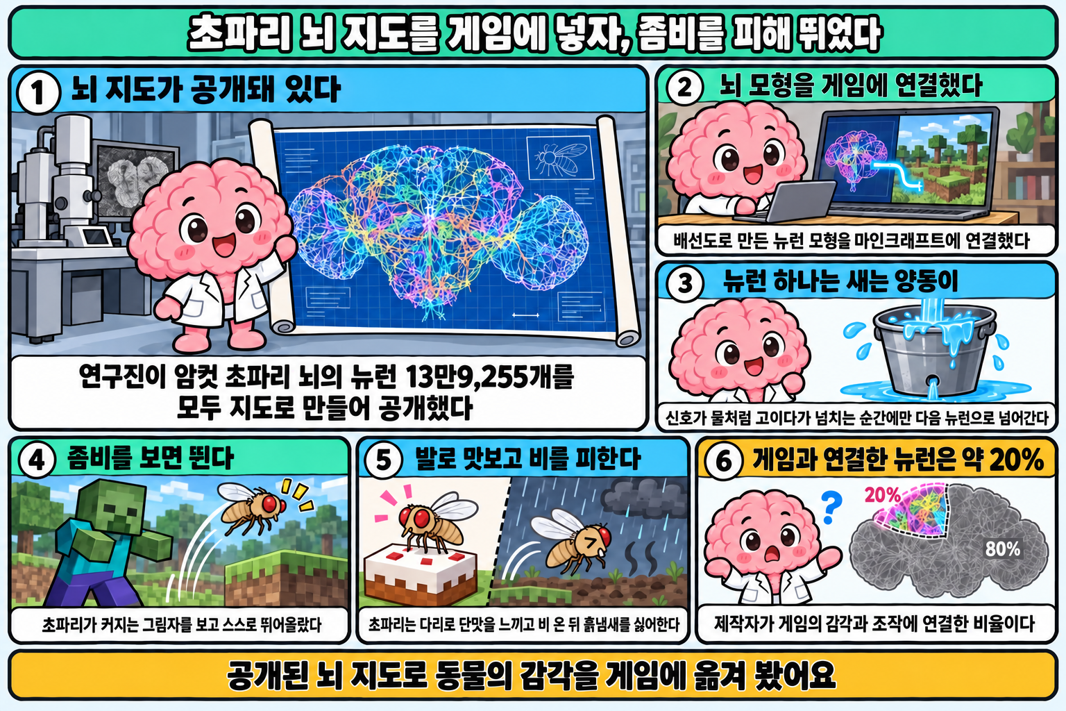 공개된 초파리 뇌 지도로 만든 뉴런 모형을 게임에 연결하는 과정과 좀비를 피하고 발로 맛보는 반응을 보여주는 만화.