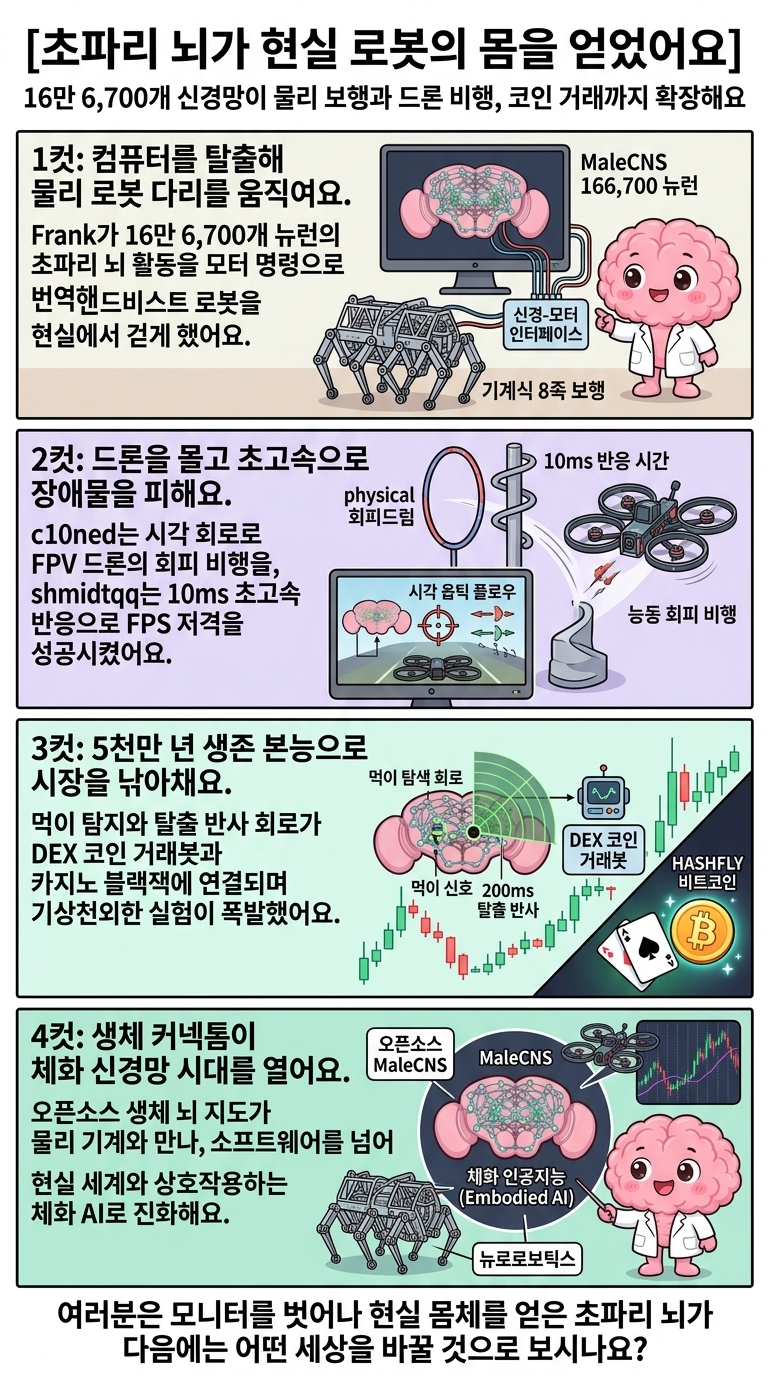 세로 네 컷 만화. 컴퓨터 모니터를 탈출해 물리 로봇 다리를 움직이는 초파리 뇌, FPV 드론을 조종해 장애물을 피하는 시각 회로, 5천만 년 생존 본능으로 DEX 코인 거래봇과 카지노를 탐색하는 장면, 디지털 시뮬레이션과 물리 로봇이 결합하는 체화 신경망의 미래를 Brain 마스코트가 안내해요.