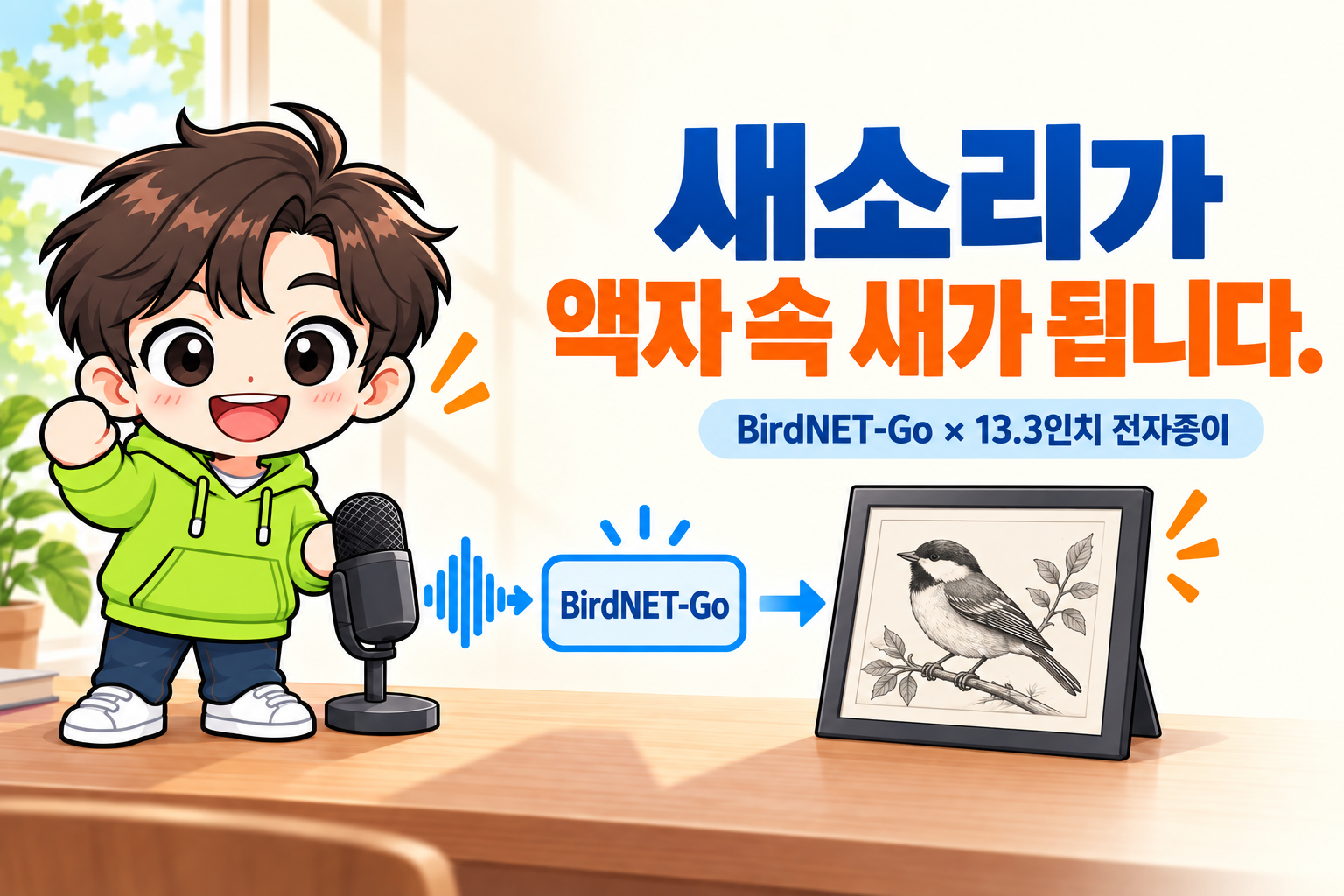AI피셜 마스코트 AI가 새소리 파형, BirdNET-Go 분류 카드, 13.3인치 전자종이 액자를 순서대로 살피는 가로형 썸네일