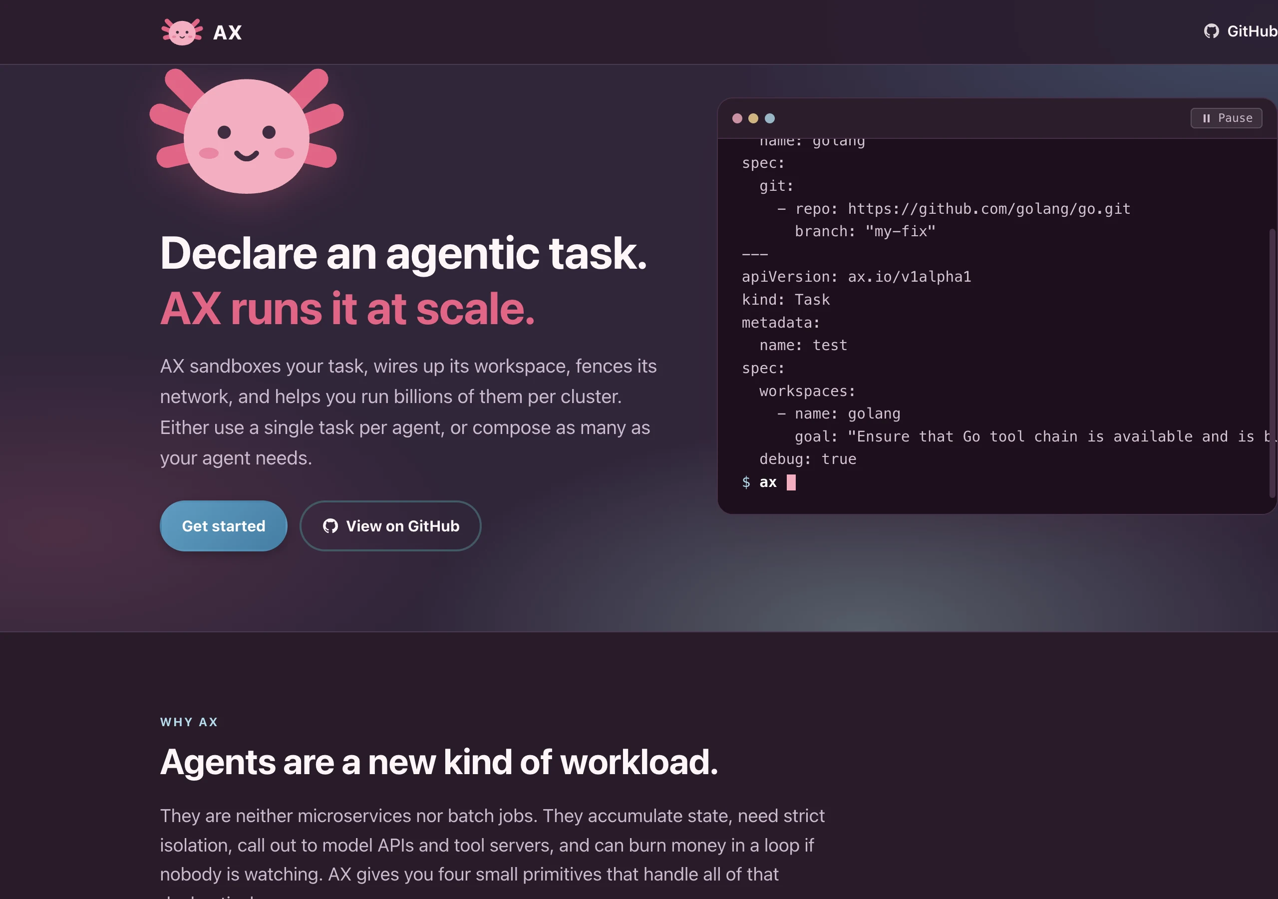 AX 공식 문서 첫 화면입니다. YAML로 Workspace와 Task를 선언하고 ax apply, ax watch, ax ssh 명령으로 다루는 예시가 표시되어 있습니다.