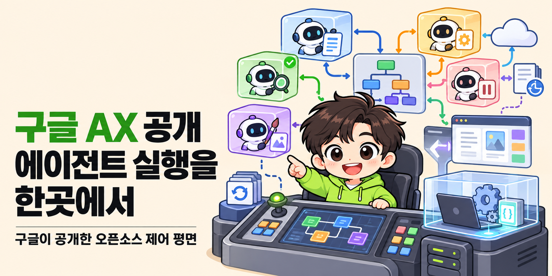 AI피셜 AI 마스코트가 등장하는 커버입니다. ‘구글 AX 공개 에이전트 실행을 한곳에서’ 제목과 ‘구글이 공개한 오픈소스 제어 평면’ 부제가 있습니다.