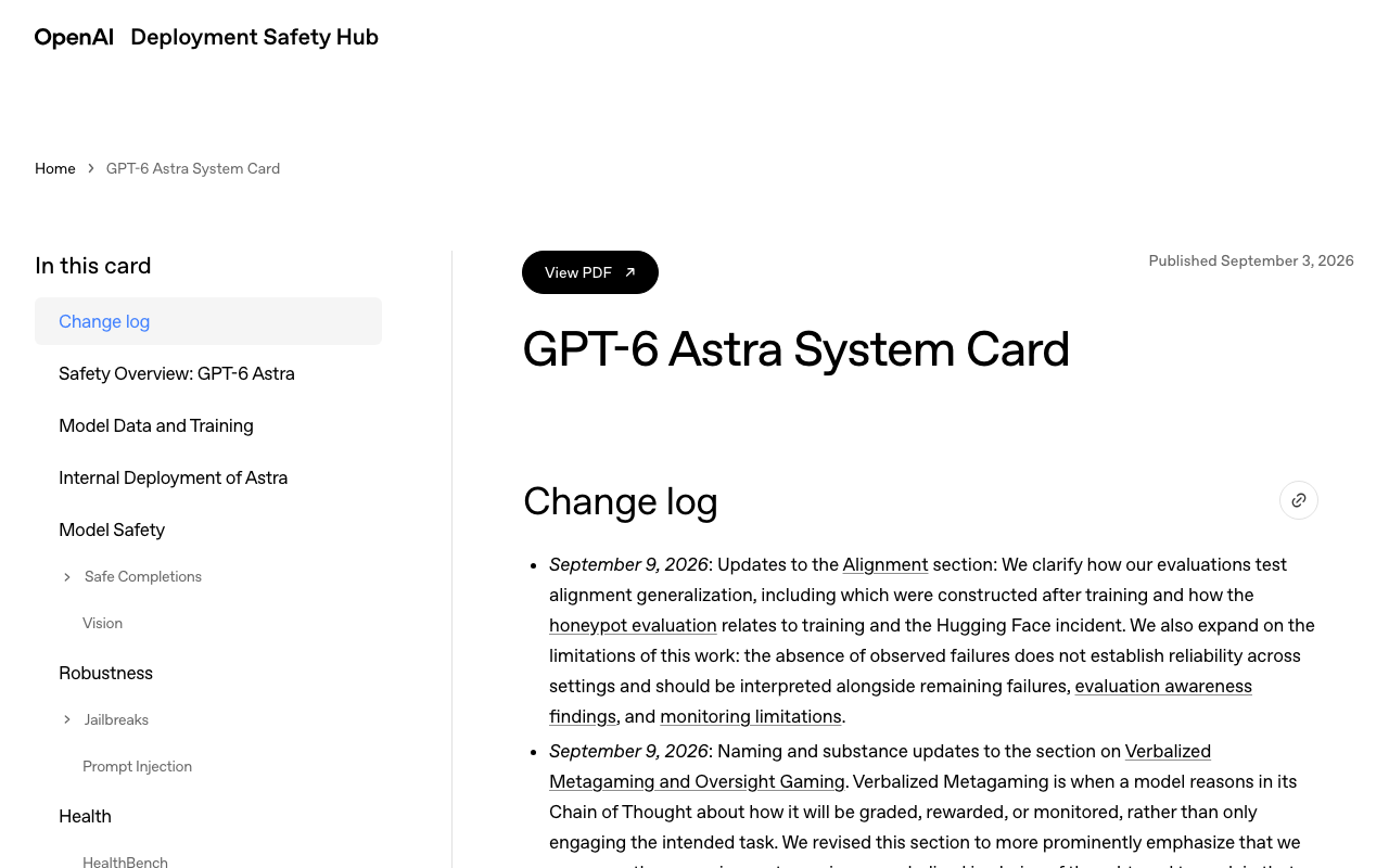 OpenAI Deployment Safety Hub 페이지 상단에 GPT-6 Astra System Card 제목과 Published September 3, 2026 발행일, 왼쪽 목차가 표시된 화면