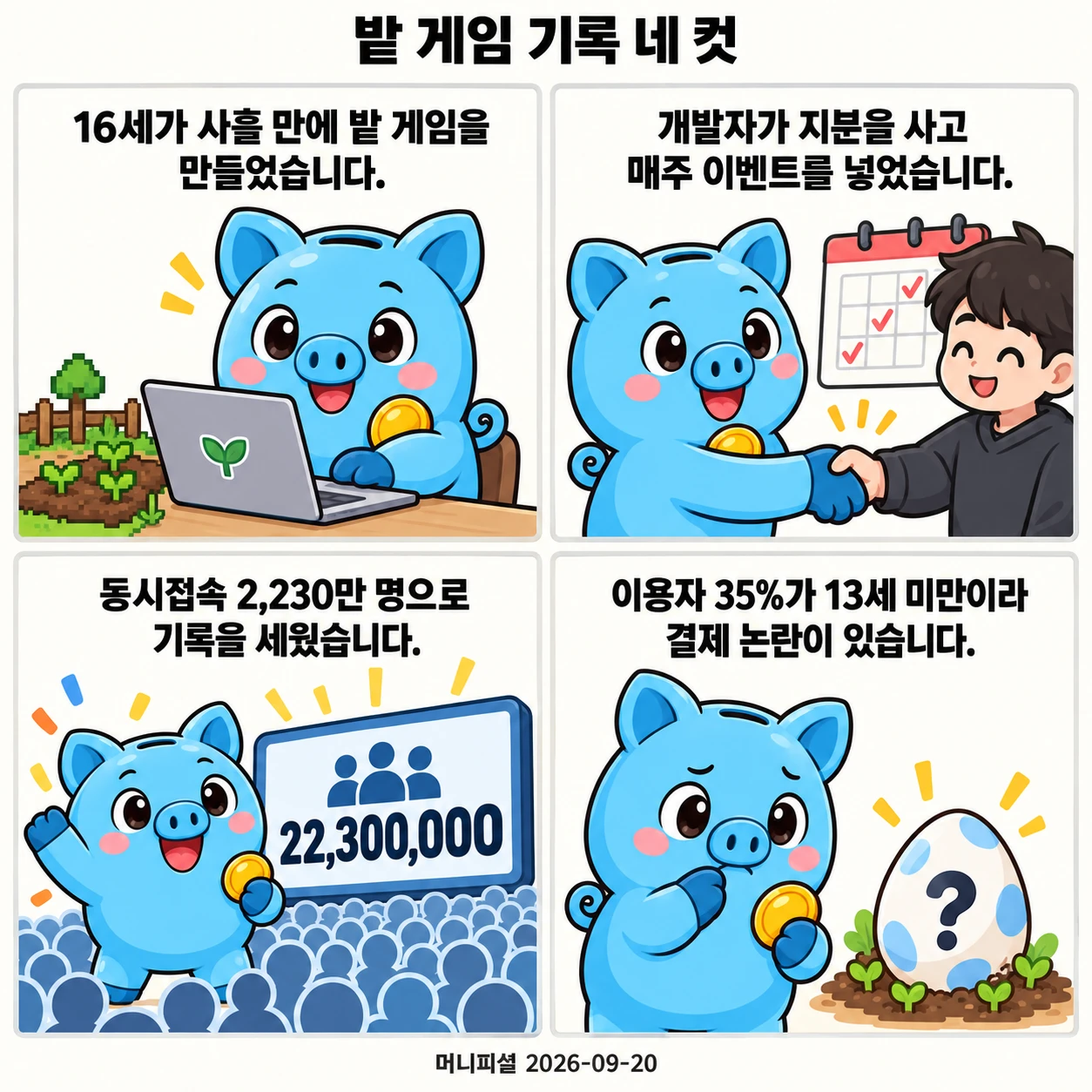 머니피셜 마스코트가 16세의 사흘 개발, 지분 매입과 매주 이벤트, 동시접속 2,230만 명 기록, 아동 결제 논란을 네 컷으로 설명합니다.