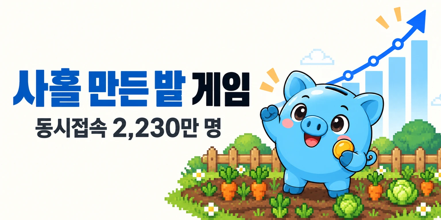머니피셜 머니 마스코트가 작은 텃밭 앞에서 동시접속 2,230만 명을 가리키는 급등 그래프를 올려다봅니다.