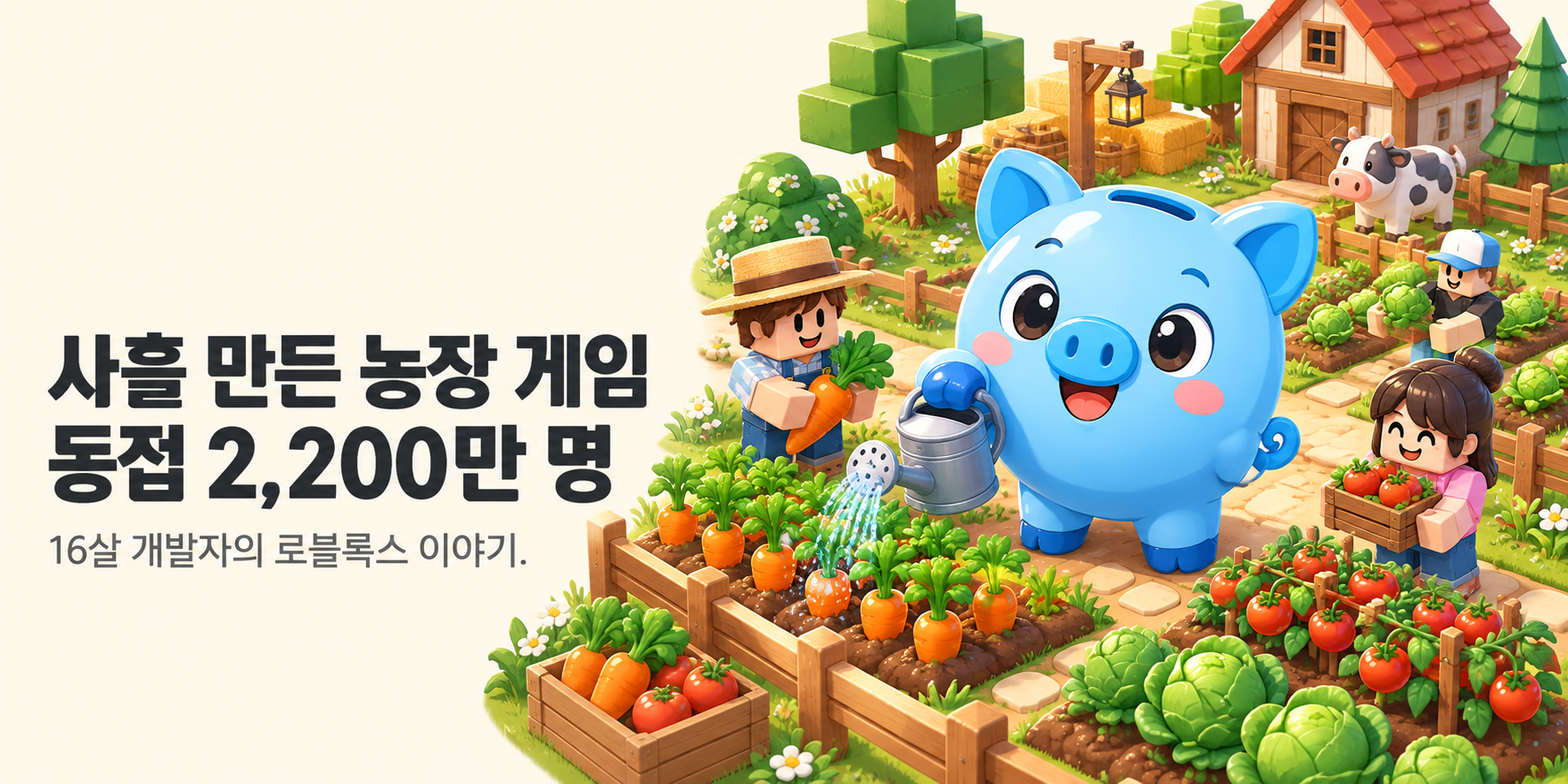 ‘사흘 만든 농장 게임’, ‘동접 2,200만 명’이라는 제목 옆에 머니 마스코트가 작물에 물을 주고, 작은 게임 아바타들이 농장을 가꾸는 모습입니다.