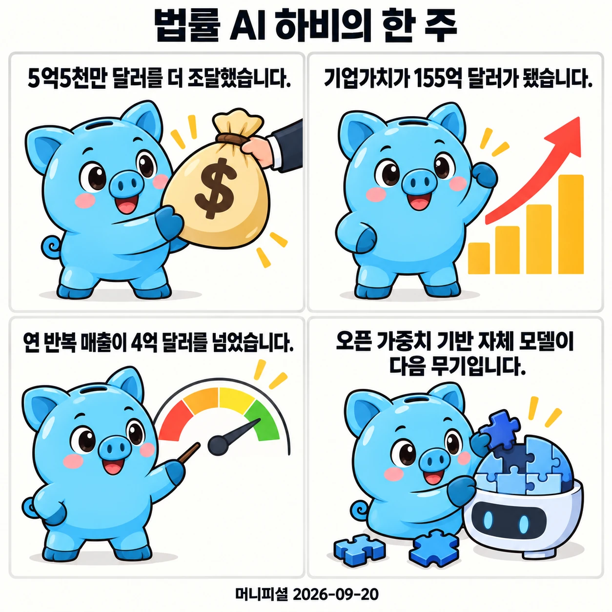 머니피셜 마스코트가 5억5천만 달러 조달, 매출 4억 달러·고객 3천 곳, 자체 모델 테네트, 인수 확장 전략을 네 컷으로 설명합니다.