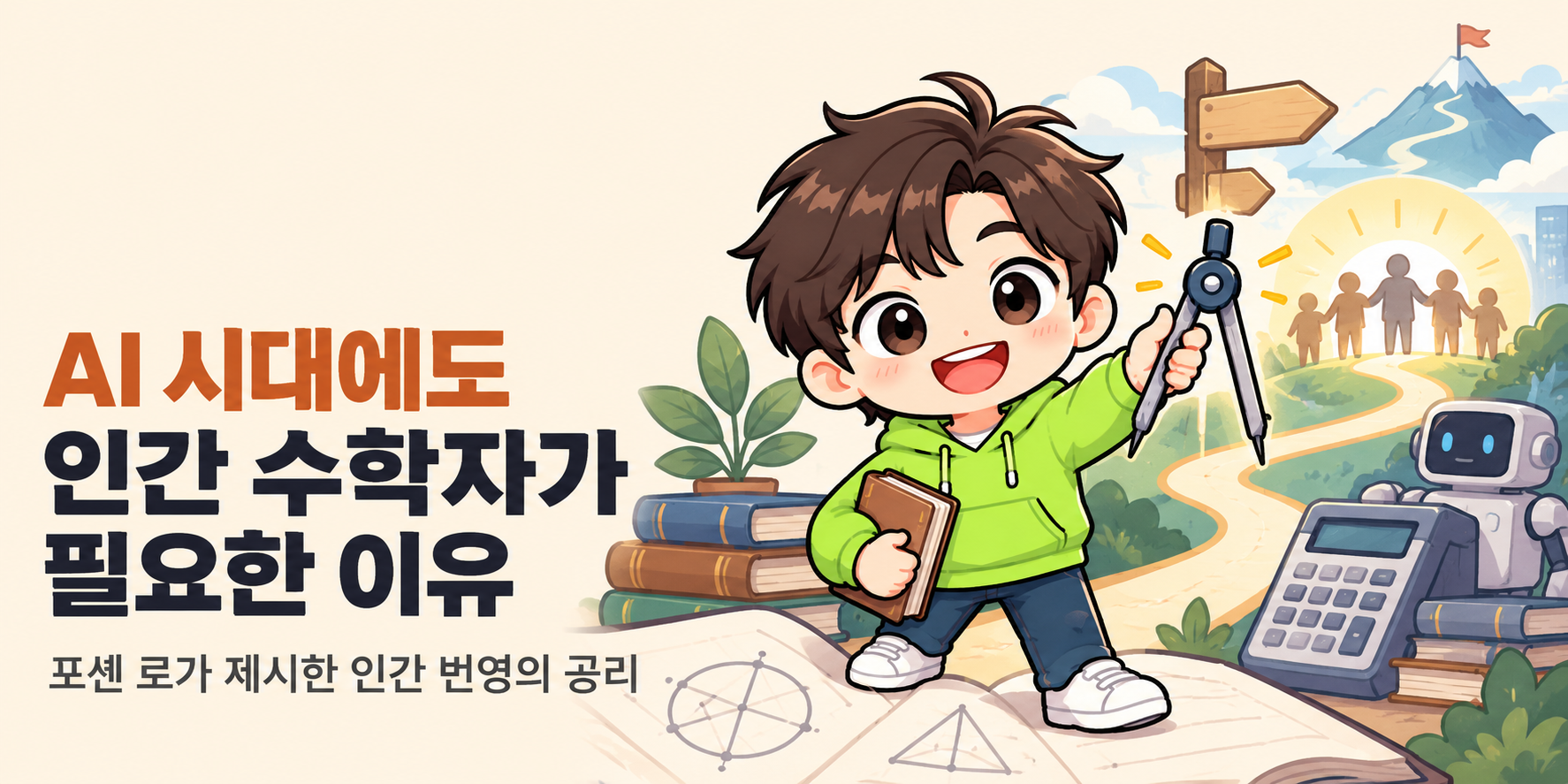 AI피셜 AI 마스코트가 등장하는 커버입니다. ‘AI 시대에도 인간 수학자가 필요한 이유’ 제목과 ‘포셴 로가 제시한 인간 번영의 공리’ 부제가 있습니다.