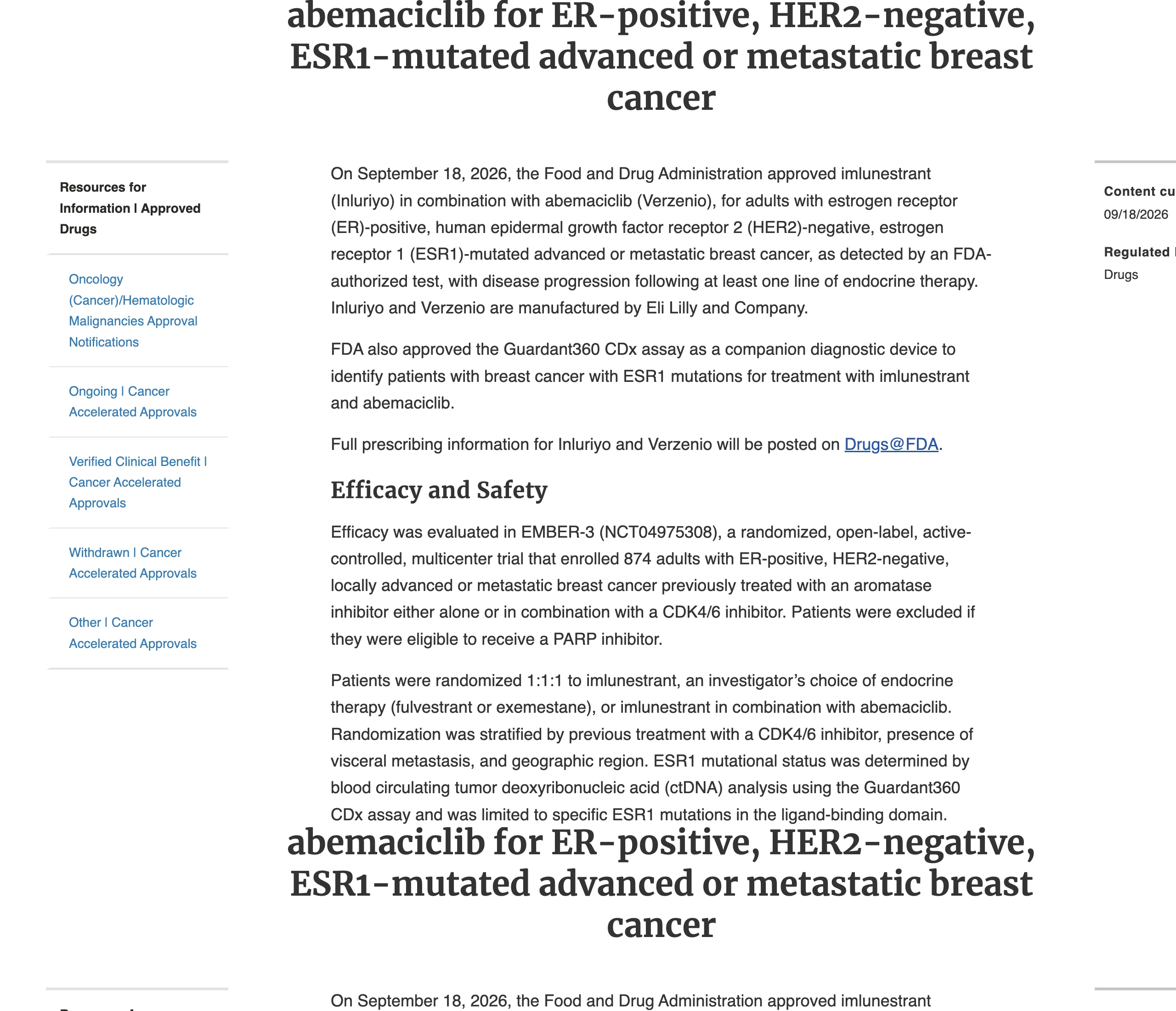 FDA 승인 안내문 화면입니다. 승인일 2026년 9월 18일과 EMBER-3 효능 요약이 표시되어 있습니다.