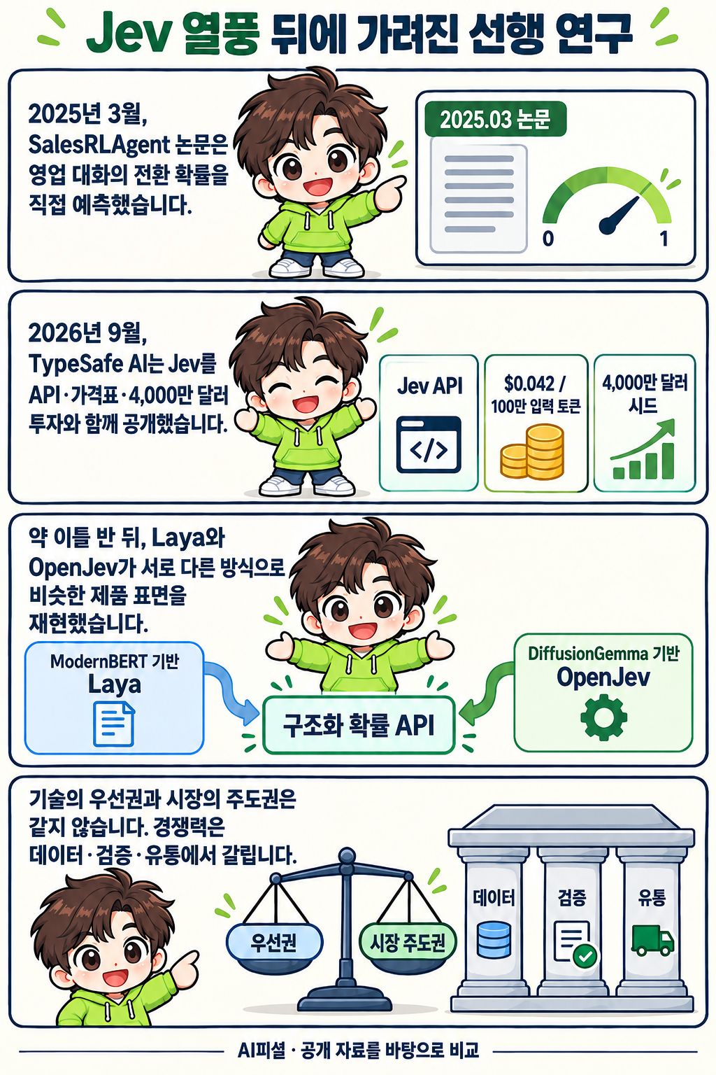 AI피셜 마스코트가 2025년 SalesRLAgent 논문, 2026년 Jev의 API·가격·투자, 약 이틀 반 뒤 등장한 Laya와 OpenJev, 데이터·검증·유통의 경쟁력을 네 컷으로 설명합니다.
