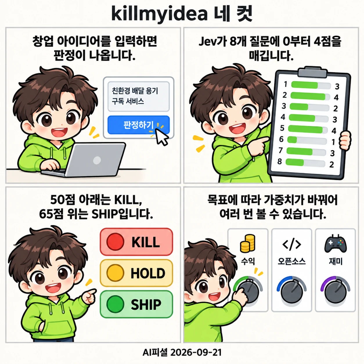 AI피셜 마스코트가 창업 아이디어 입력, Jev의 8개 질문 병렬 점수 계산, KILL·FIX·SHIP 판정 기준, 목표별 가중치 전환을 네 컷으로 설명합니다.