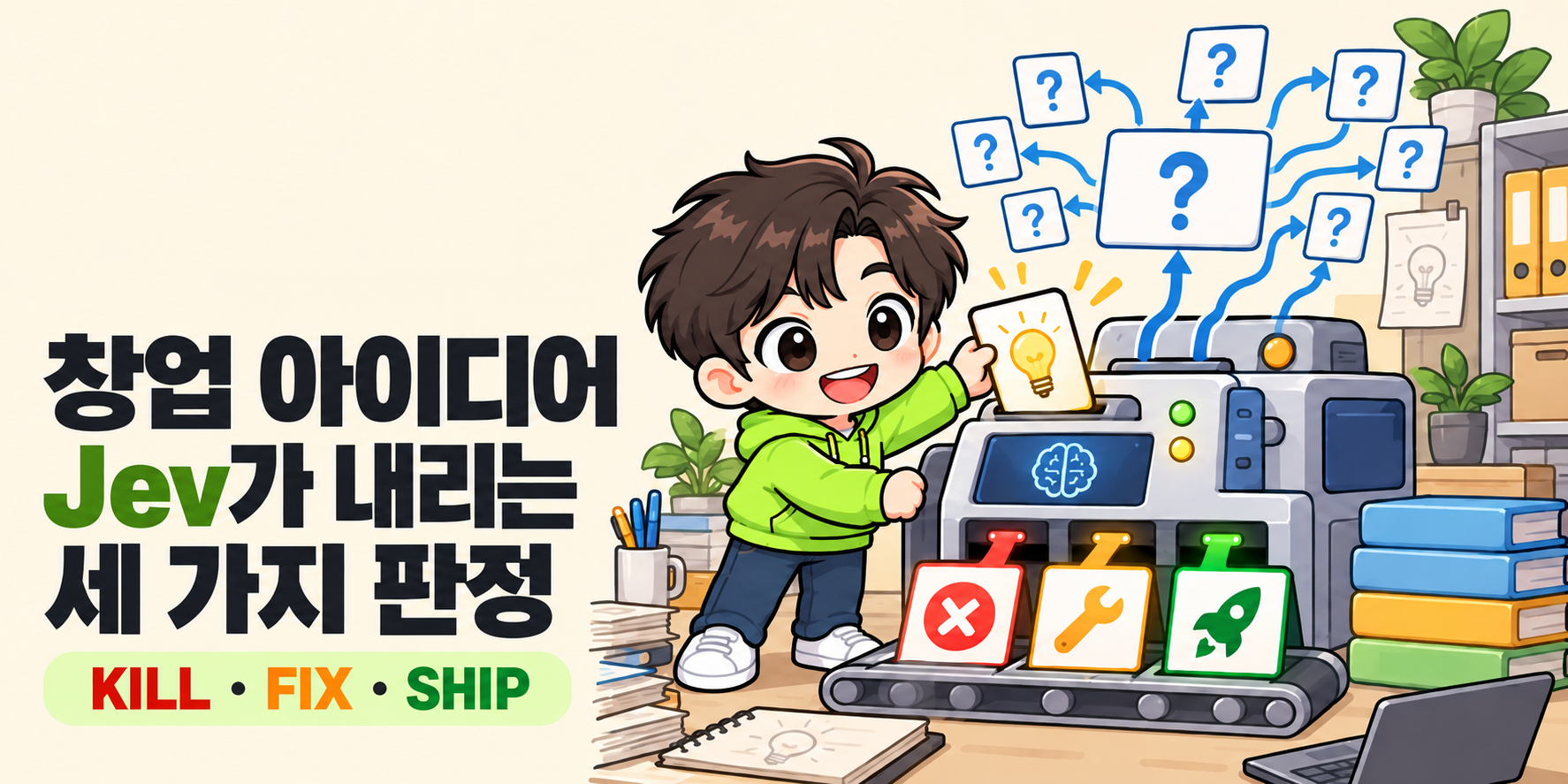 AI피셜 AI 마스코트가 등장하는 커버입니다. ‘창업 아이디어 Jev가 내리는 세 가지 판정’ 제목과 ‘KILL · FIX · SHIP’ 부제가 있습니다.