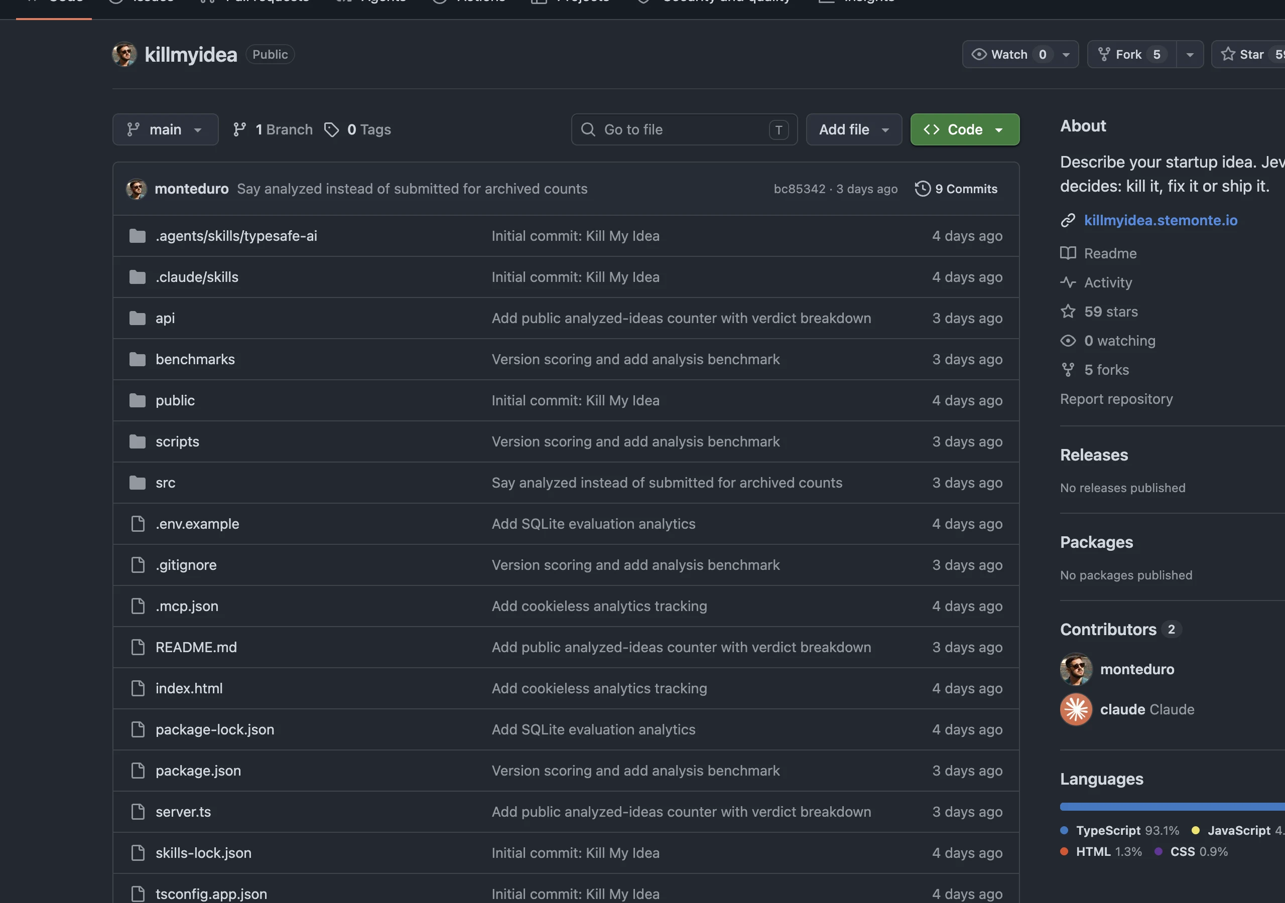 killmyidea GitHub 저장소 첫 화면입니다. 아이디어를 입력하면 Jev가 KILL, FIX 또는 SHIP 판정을 내린다는 소개가 표시되어 있습니다.