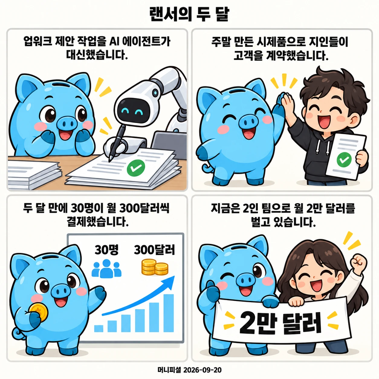 머니피셜 마스코트가 업워크 제안 자동화 아이디어, 주말 시제품 검증, 두 달 만의 결제 고객 30명, 현재 월 2만 달러 운영을 네 컷으로 설명합니다.