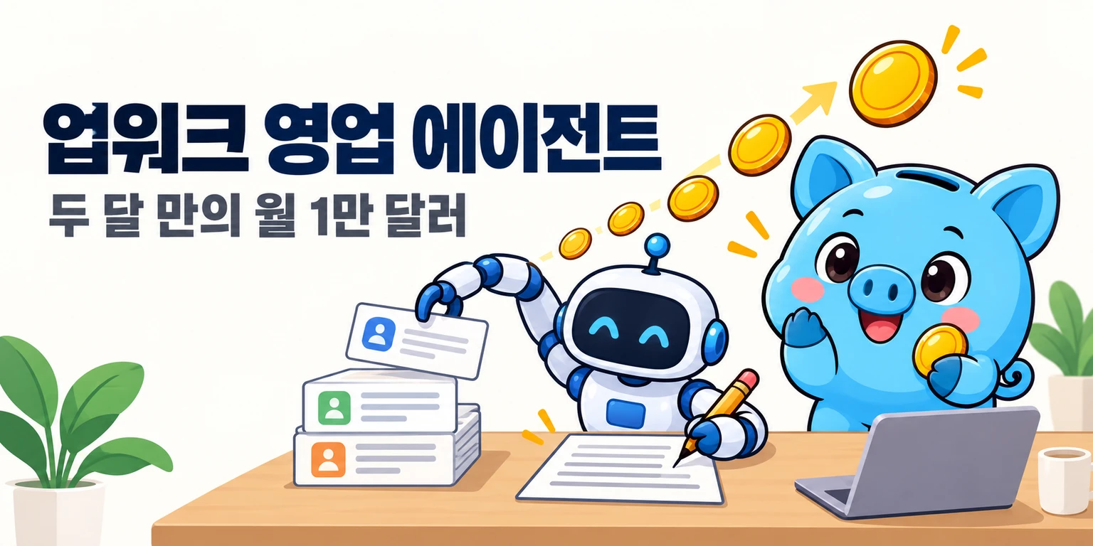 머니피셜 머니 마스코트가 제안서 더미 위에서 AI 로봇 팔이 공고를 골라 제안을 쓰는 모습을 지켜봅니다.