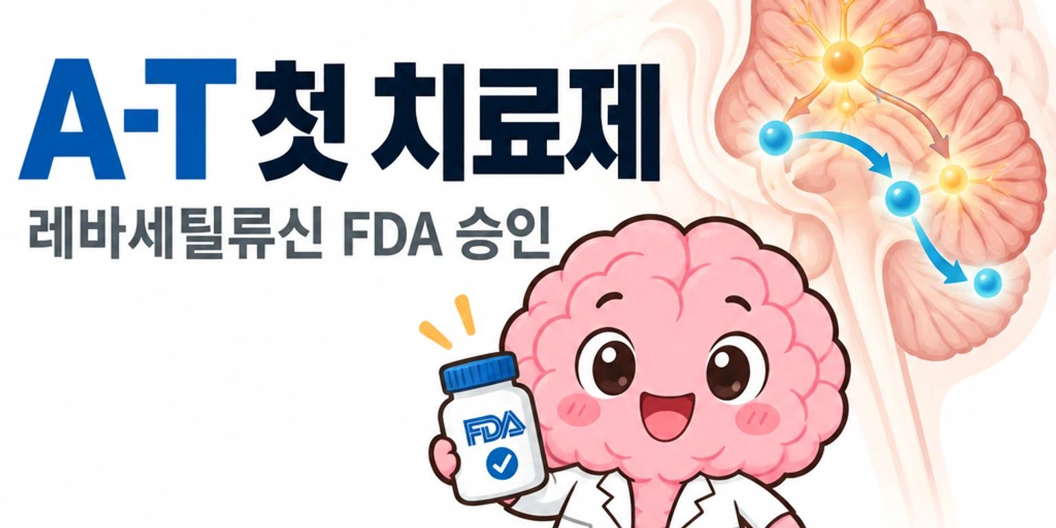 뇌피셜 브레인 마스코트가 신경세포 포도당 대사 회로와 SARA 점수 개선 그래프를 가리키고 있습니다.
