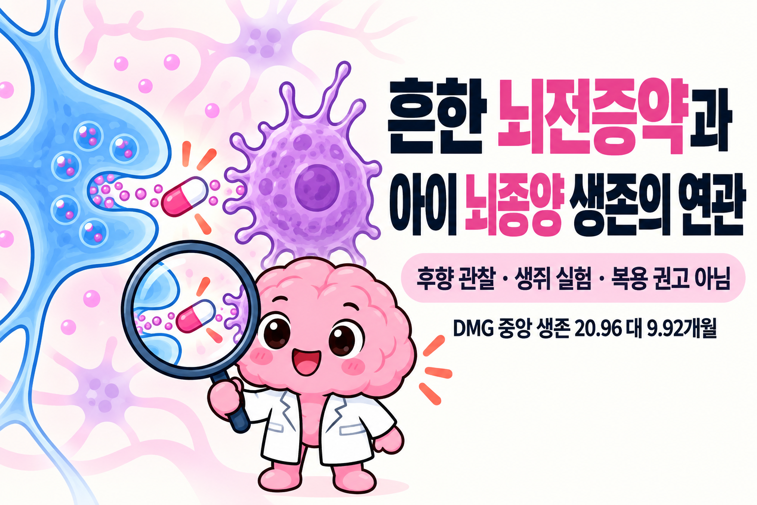 신경세포와 교종 세포 사이 시냅스 신호를 약이 가로막는 과학 도식을 Brain 박사가 돋보기로 살피며, ‘흔한 뇌전증약과 아이 뇌종양 생존의 연관’, ‘후향 관찰 · 생쥐 실험 · 복용 권고 아님’, ‘DMG 중앙 생존 20.96 대 9.92개월’ 문구가 적힌 표지