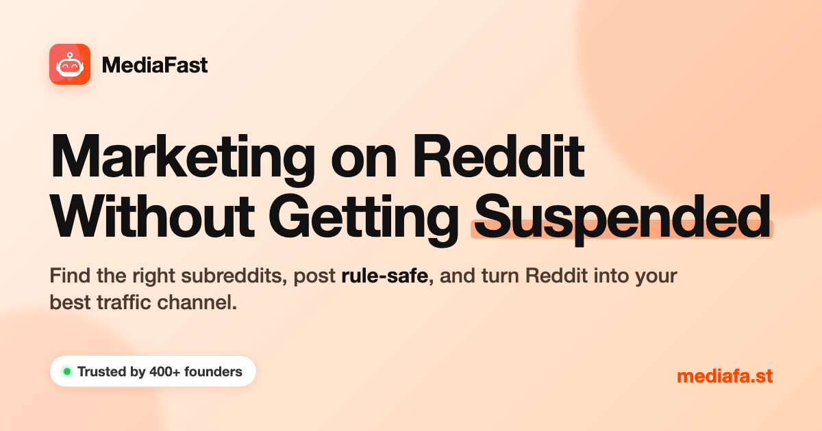 연한 주황색 배경에 MediaFast 로고와 Reddit에서 계정 정지 없이 마케팅한다는 공식 문구가 보입니다.